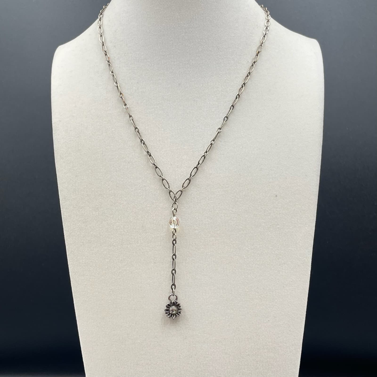 Fashion Silver-Tone Faceted Glass Bead Oval Link Chain Flower Pendant Necklace - Thumbnail 2