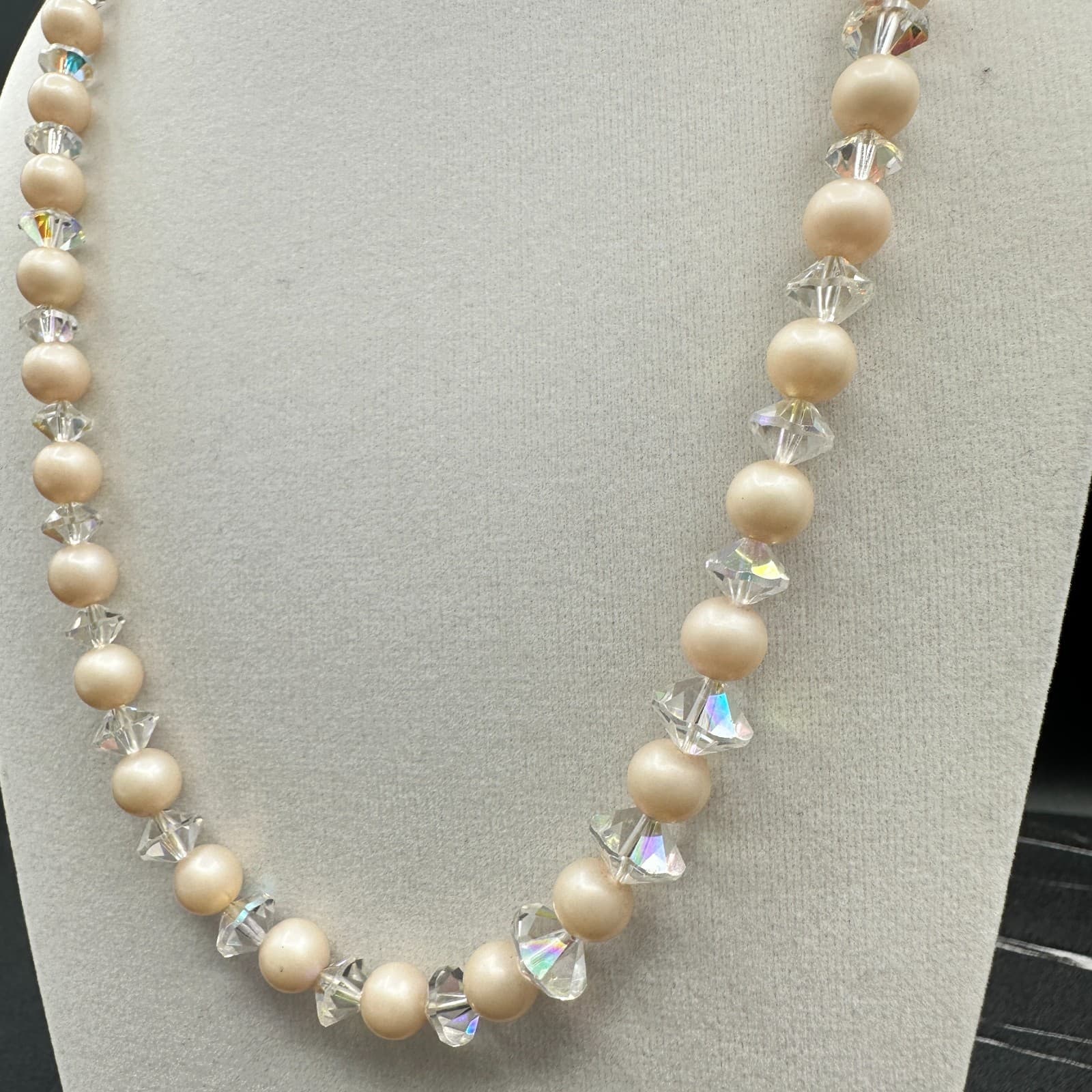 Vintage Cream Peach Faux Pearl Clear Crystal Choker Necklace 21" Classic Glam - Thumbnail 4