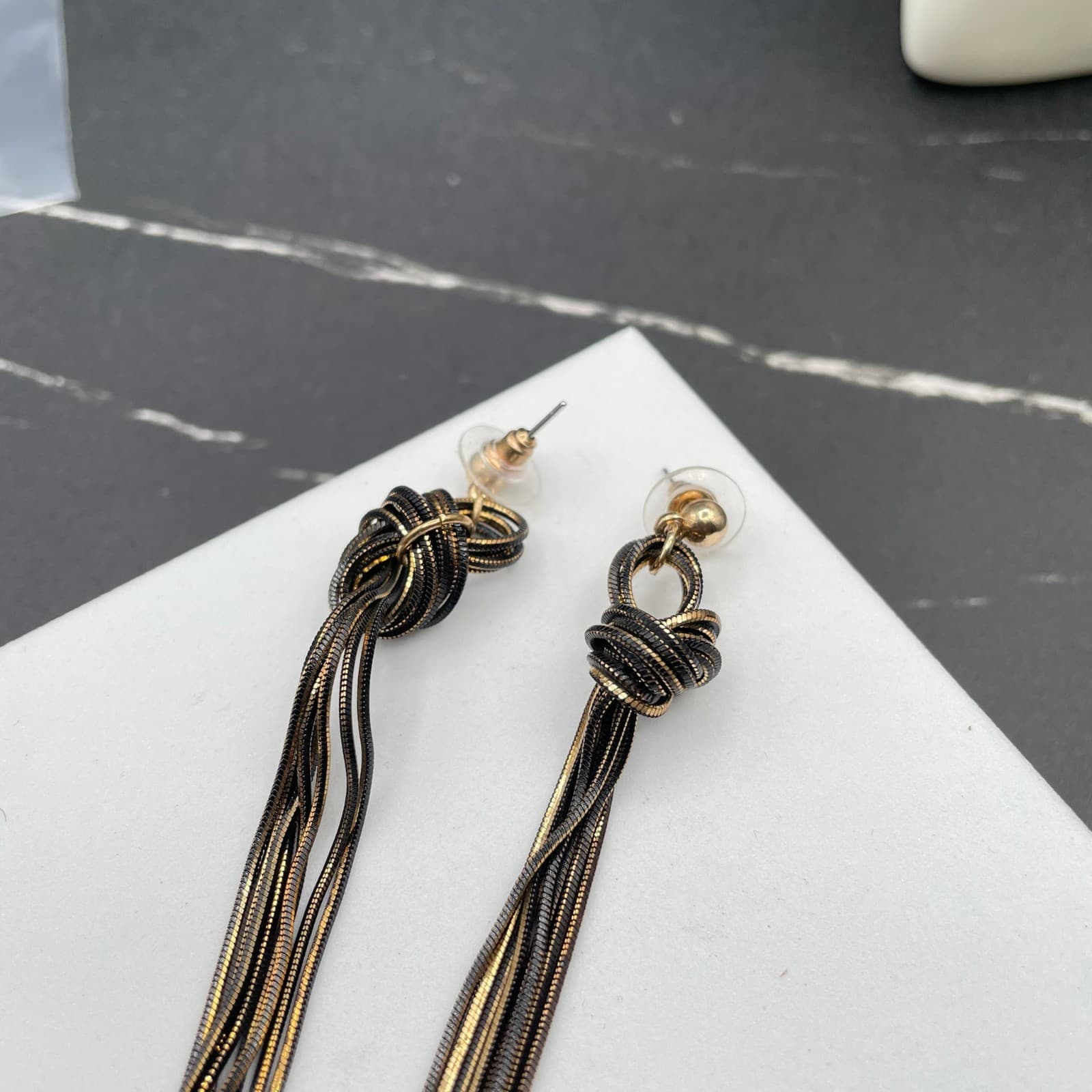 Contemporary Gold-Tone Black Snake Chain Knotted Linear Tassel Drop Earrings - Thumbnail 3