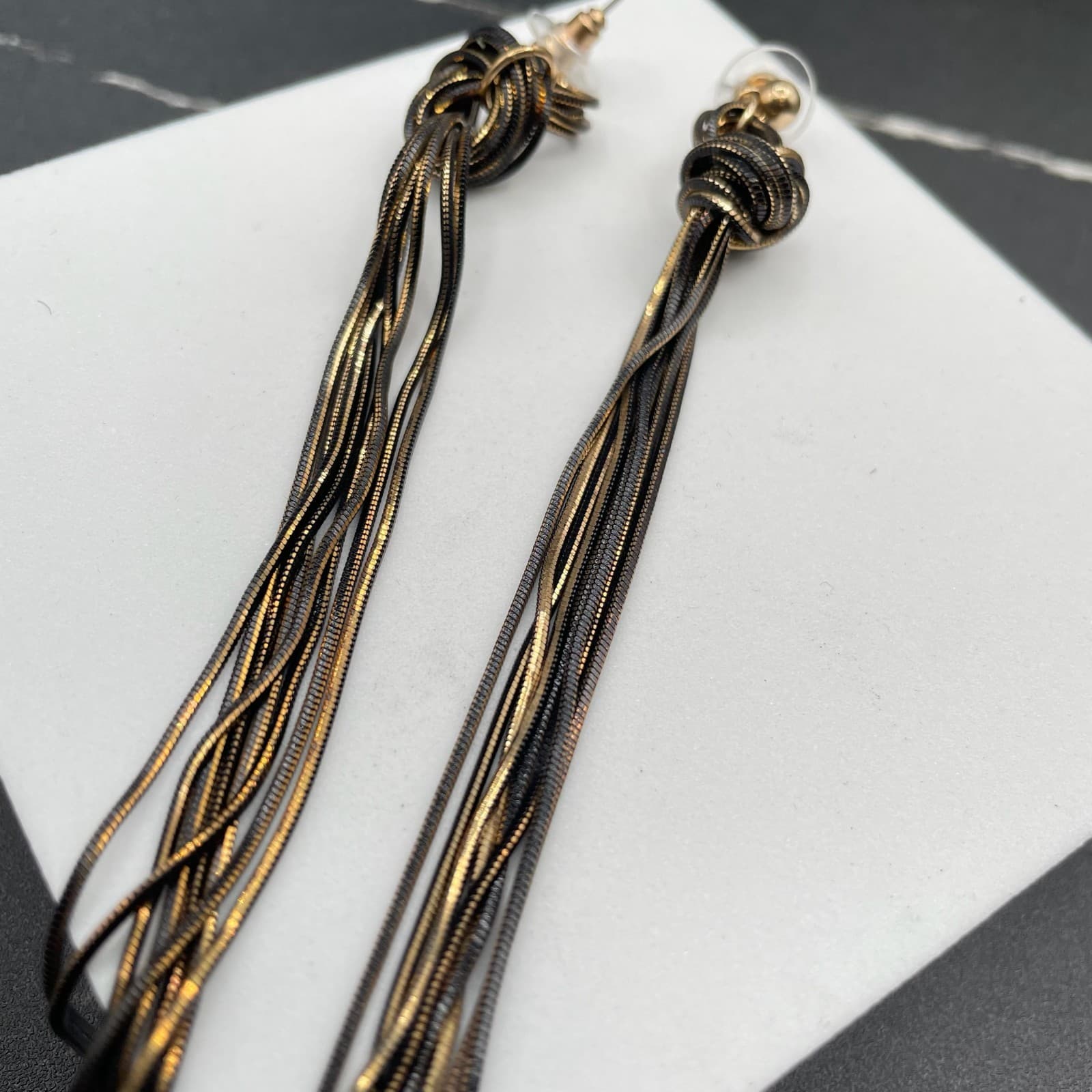 Contemporary Gold-Tone Black Snake Chain Knotted Linear Tassel Drop Earrings - Thumbnail 6