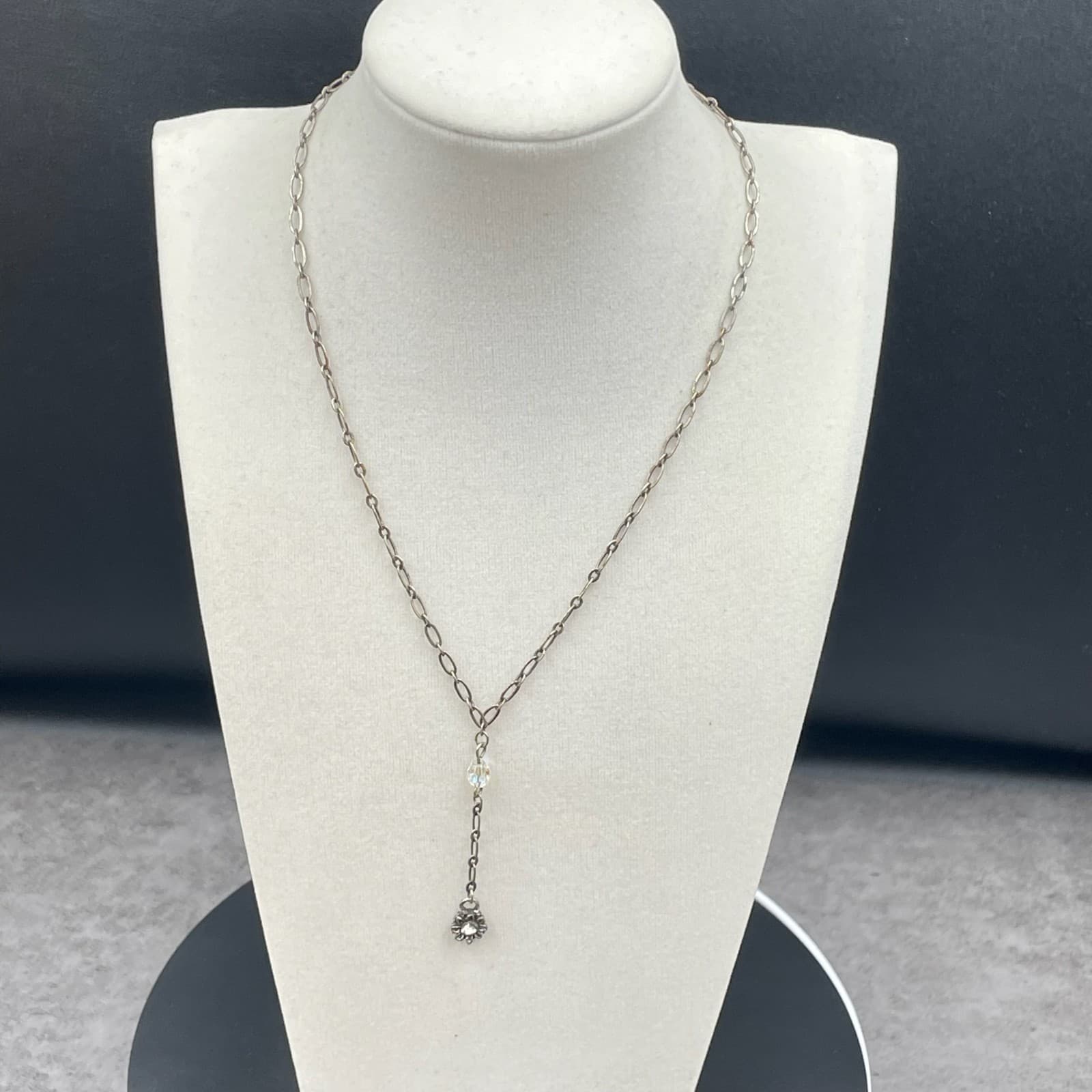 Fashion Silver-Tone Faceted Glass Bead Oval Link Chain Flower Pendant Necklace - Thumbnail 5