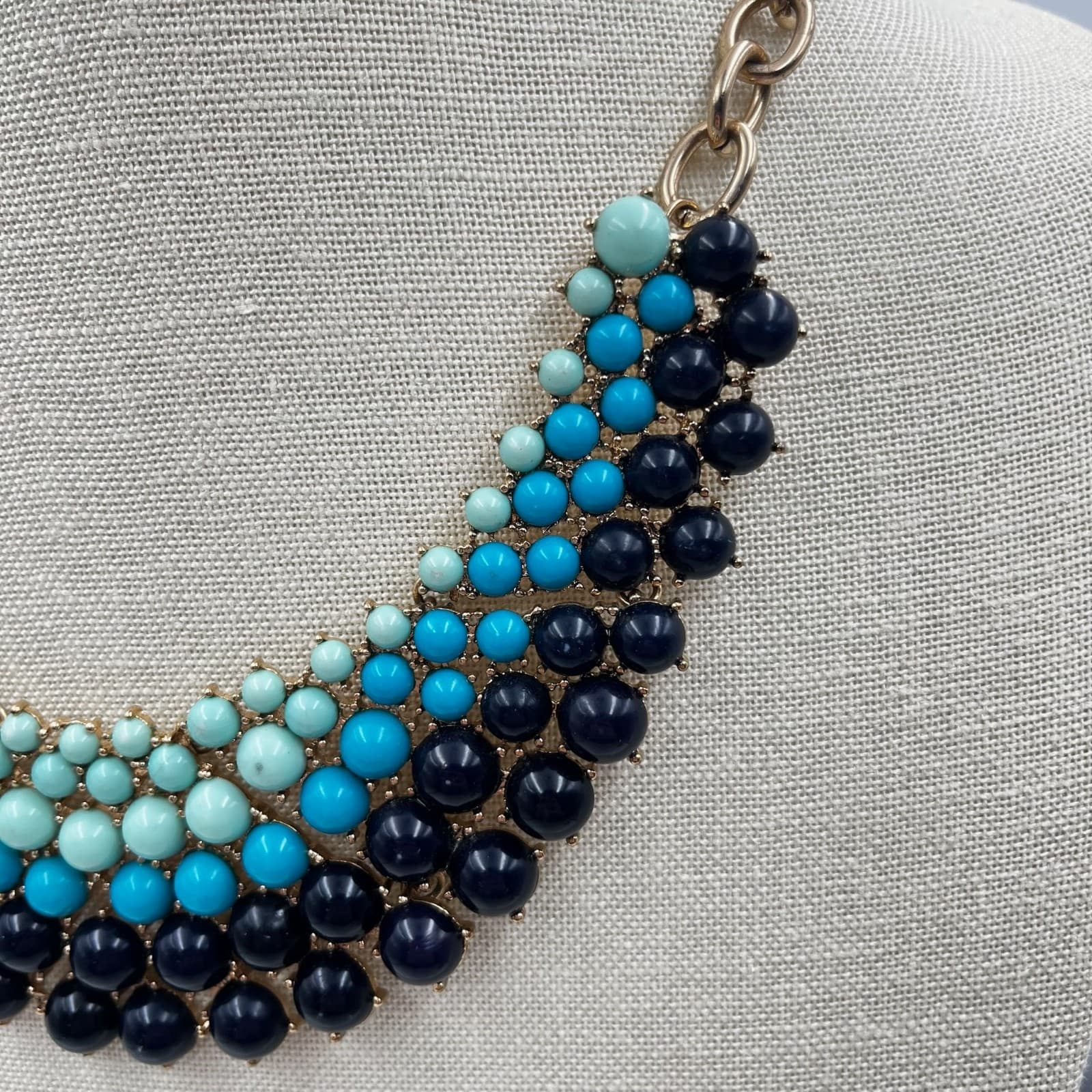 Vintage Turquoise Navy Beaded Bib Statement Necklace Gold Tone Chunky Collar Y2K - Thumbnail 2