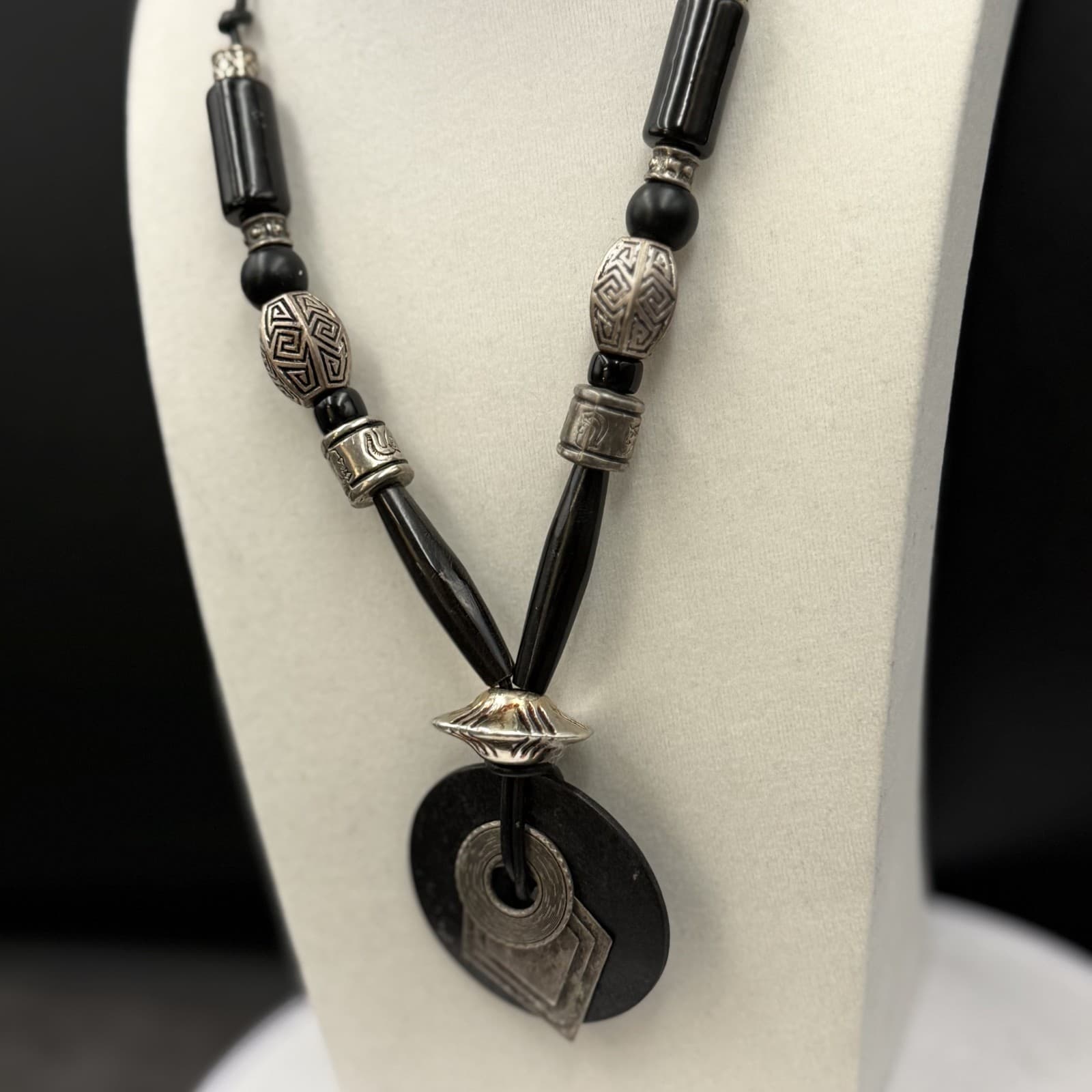 Vintage Black Wood & Silver Tribal Pendant Necklace Bold Boho Statement - Thumbnail 3
