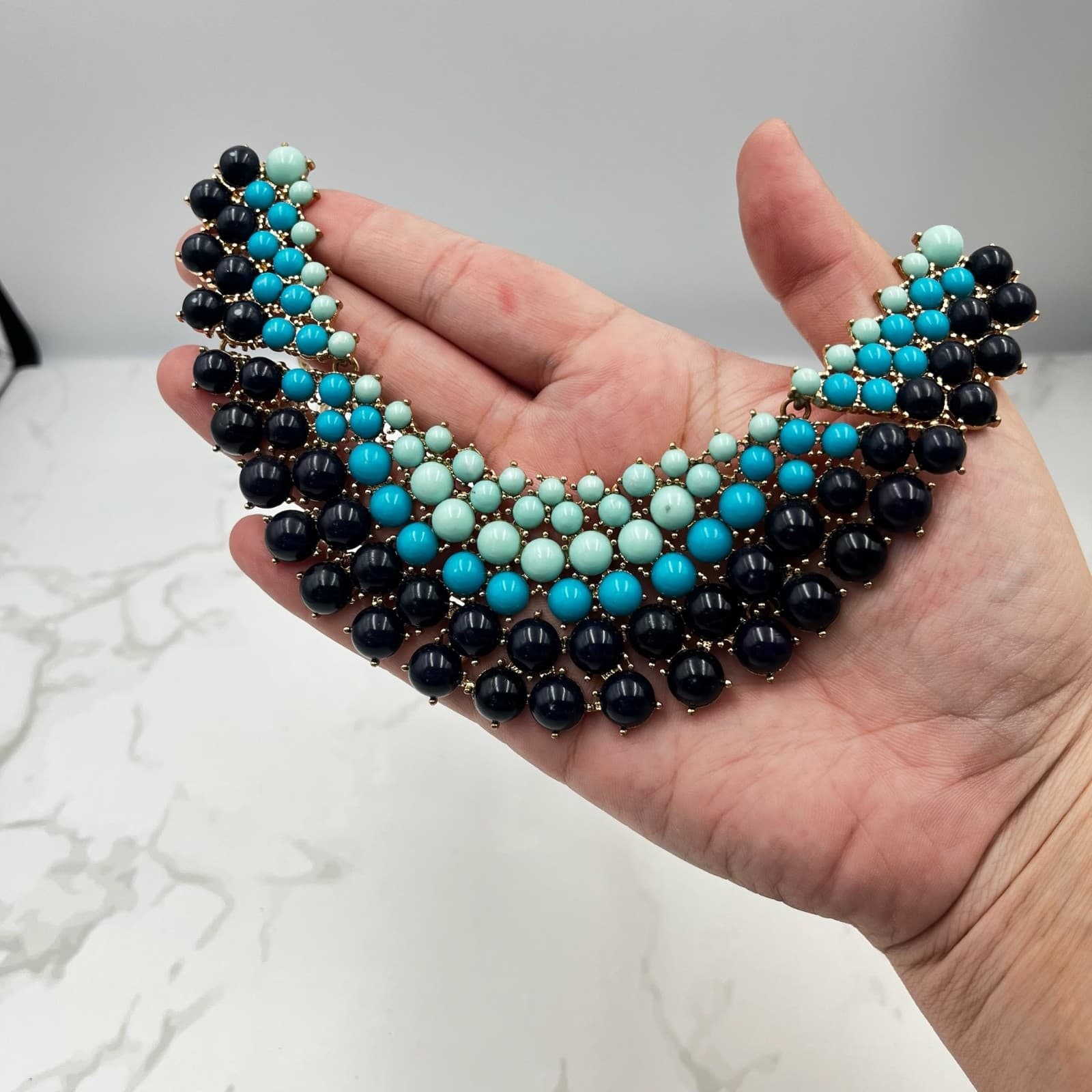 Vintage Turquoise Navy Beaded Bib Statement Necklace Gold Tone Chunky Collar Y2K - Thumbnail 18
