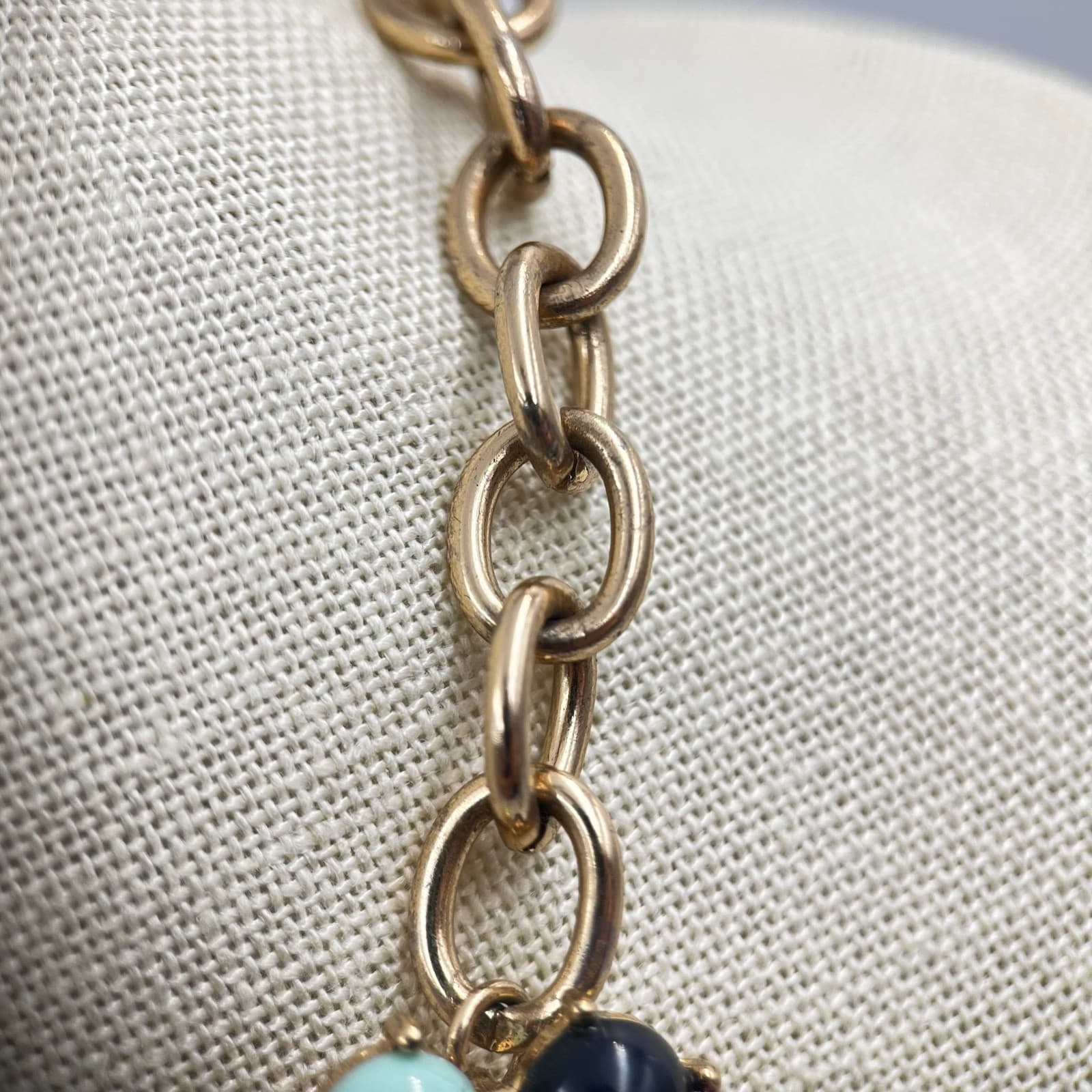 Vintage Turquoise Navy Beaded Bib Statement Necklace Gold Tone Chunky Collar Y2K - Thumbnail 11