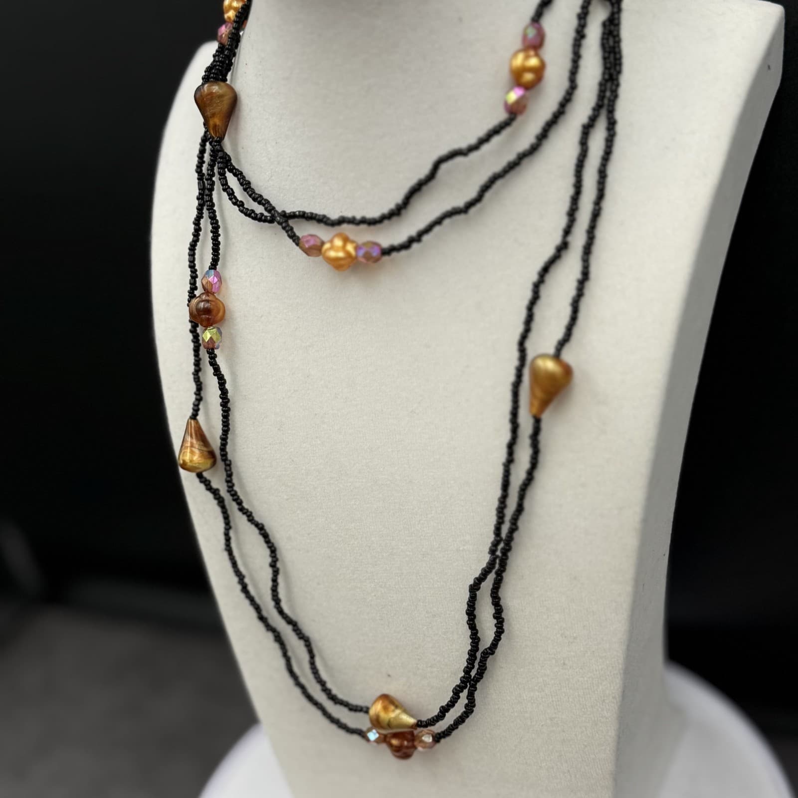 Vintage Black Seed Bead Necklace w/ Copper Shell Nuggets Boho Layered - Thumbnail 10