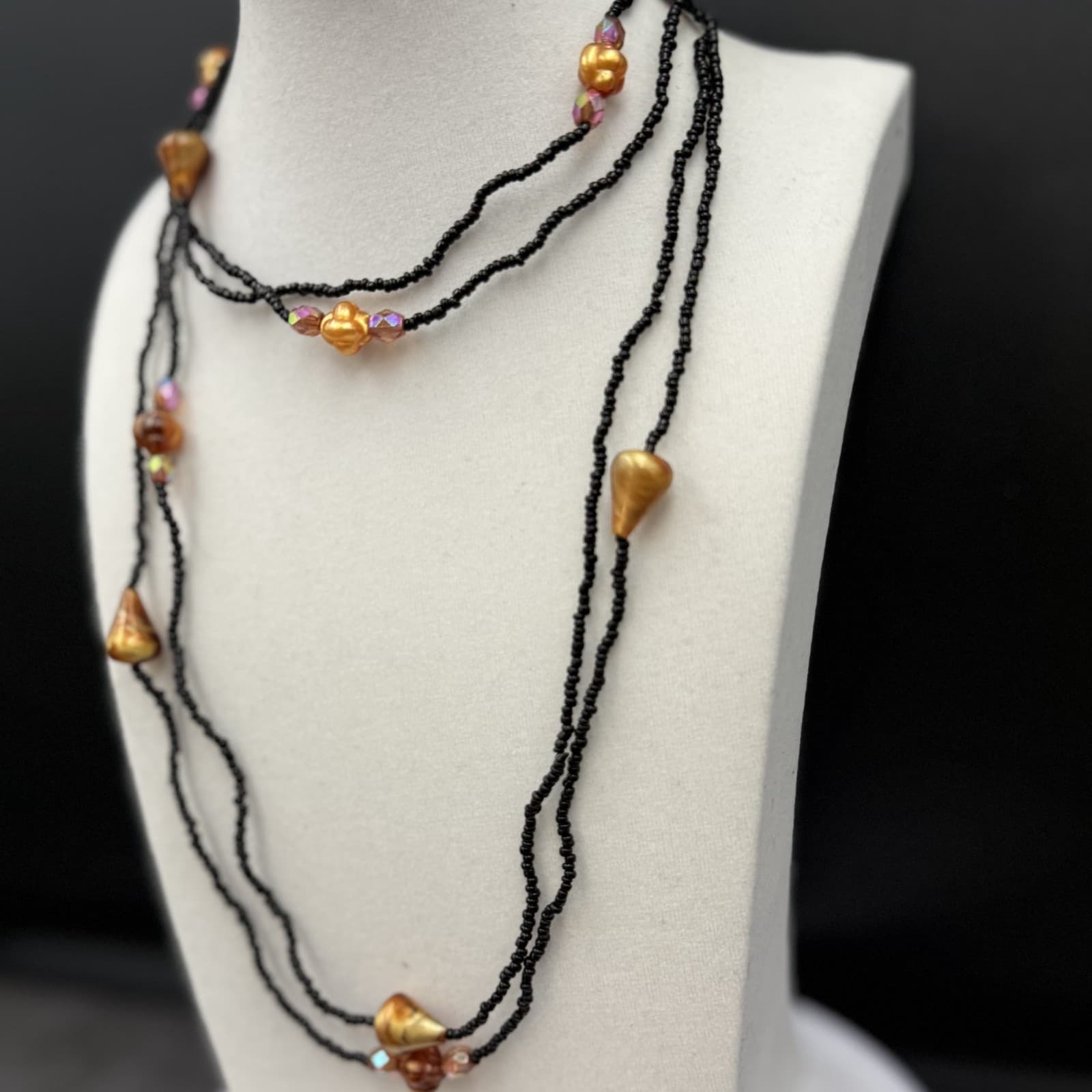 Vintage Black Seed Bead Necklace w/ Copper Shell Nuggets Boho Layered - Thumbnail 5