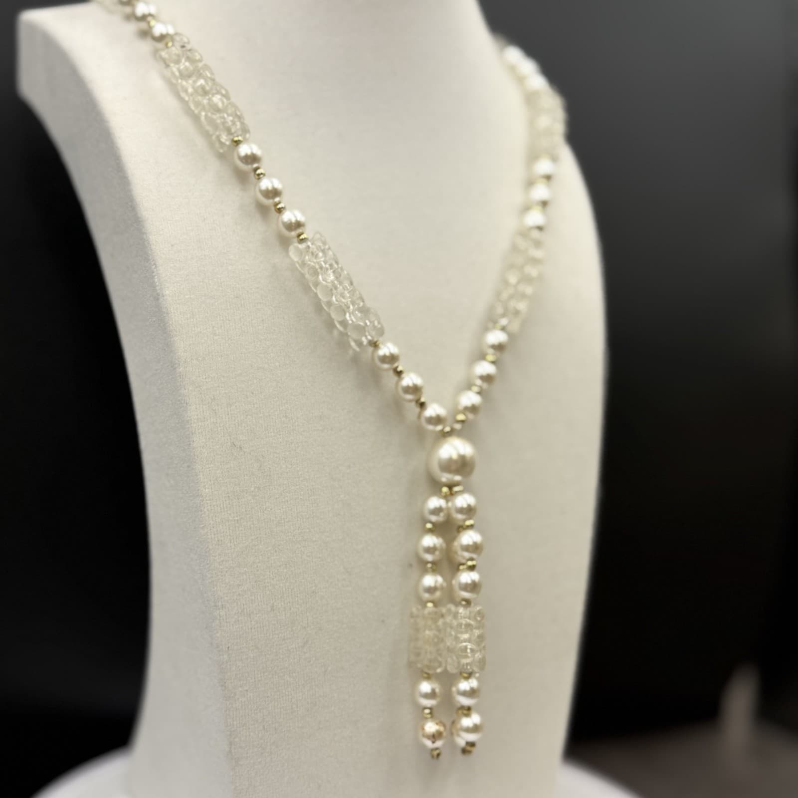 Vintage Cream Faux Pearl Tassel Necklace Textured Bead Statement - Thumbnail 5