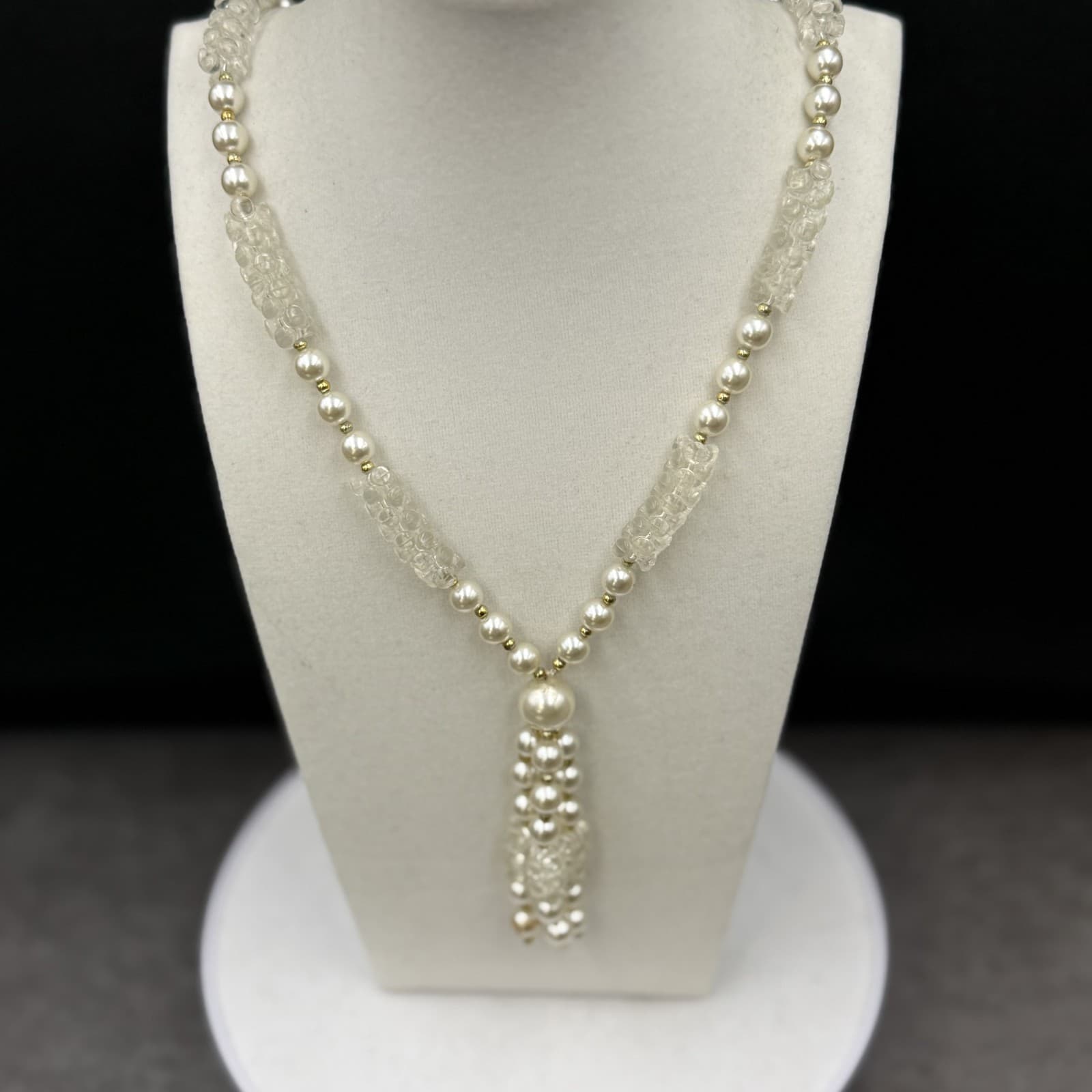 Vintage Cream Faux Pearl Tassel Necklace Textured Bead Statement - Thumbnail 3