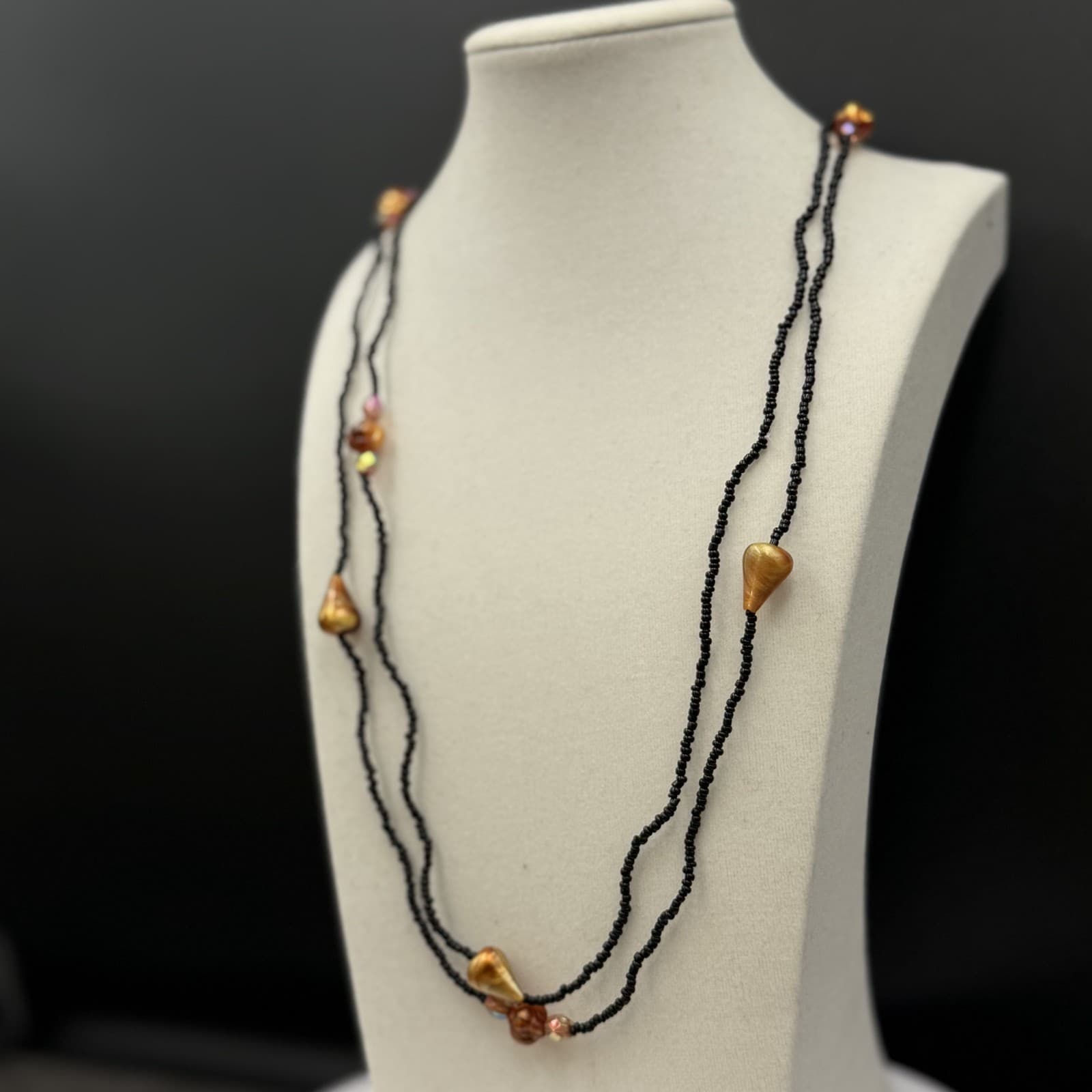 Vintage Black Seed Bead Necklace w/ Copper Shell Nuggets Boho Layered - Thumbnail 3