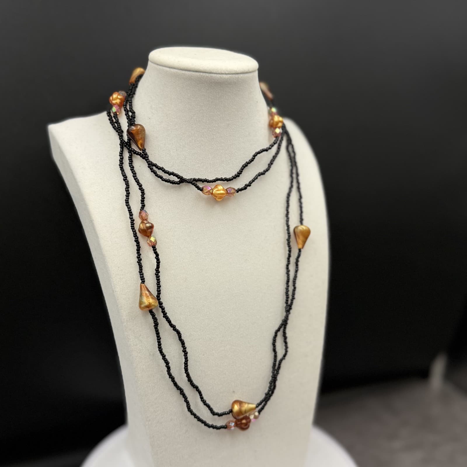 Vintage Black Seed Bead Necklace w/ Copper Shell Nuggets Boho Layered - Thumbnail 6