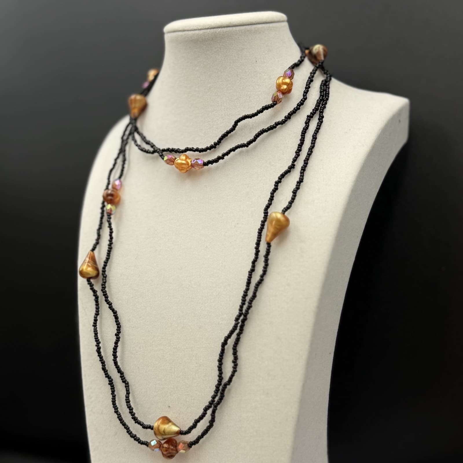 Vintage Black Seed Bead Necklace w/ Copper Shell Nuggets Boho Layered - Thumbnail 11