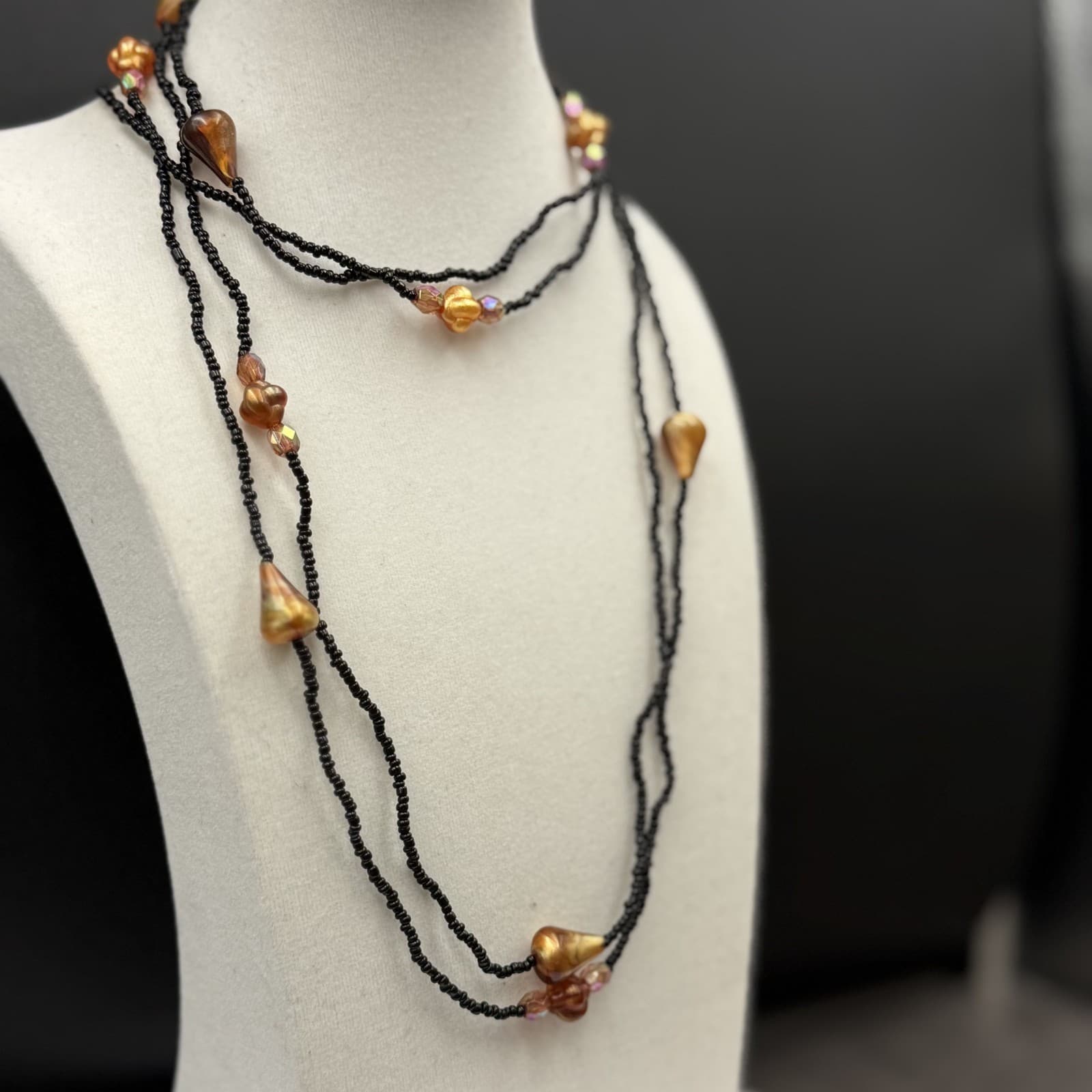 Vintage Black Seed Bead Necklace w/ Copper Shell Nuggets Boho Layered - Thumbnail 8