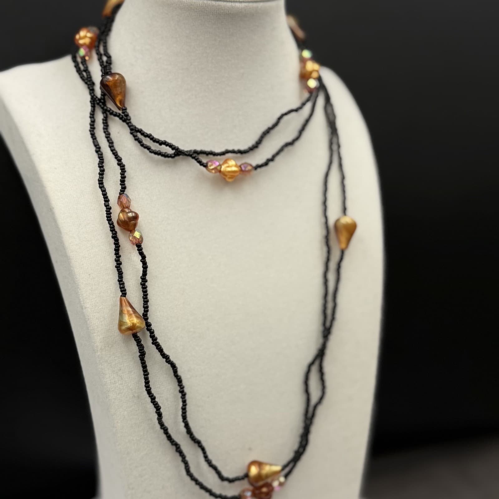 Vintage Black Seed Bead Necklace w/ Copper Shell Nuggets Boho Layered - Thumbnail 7