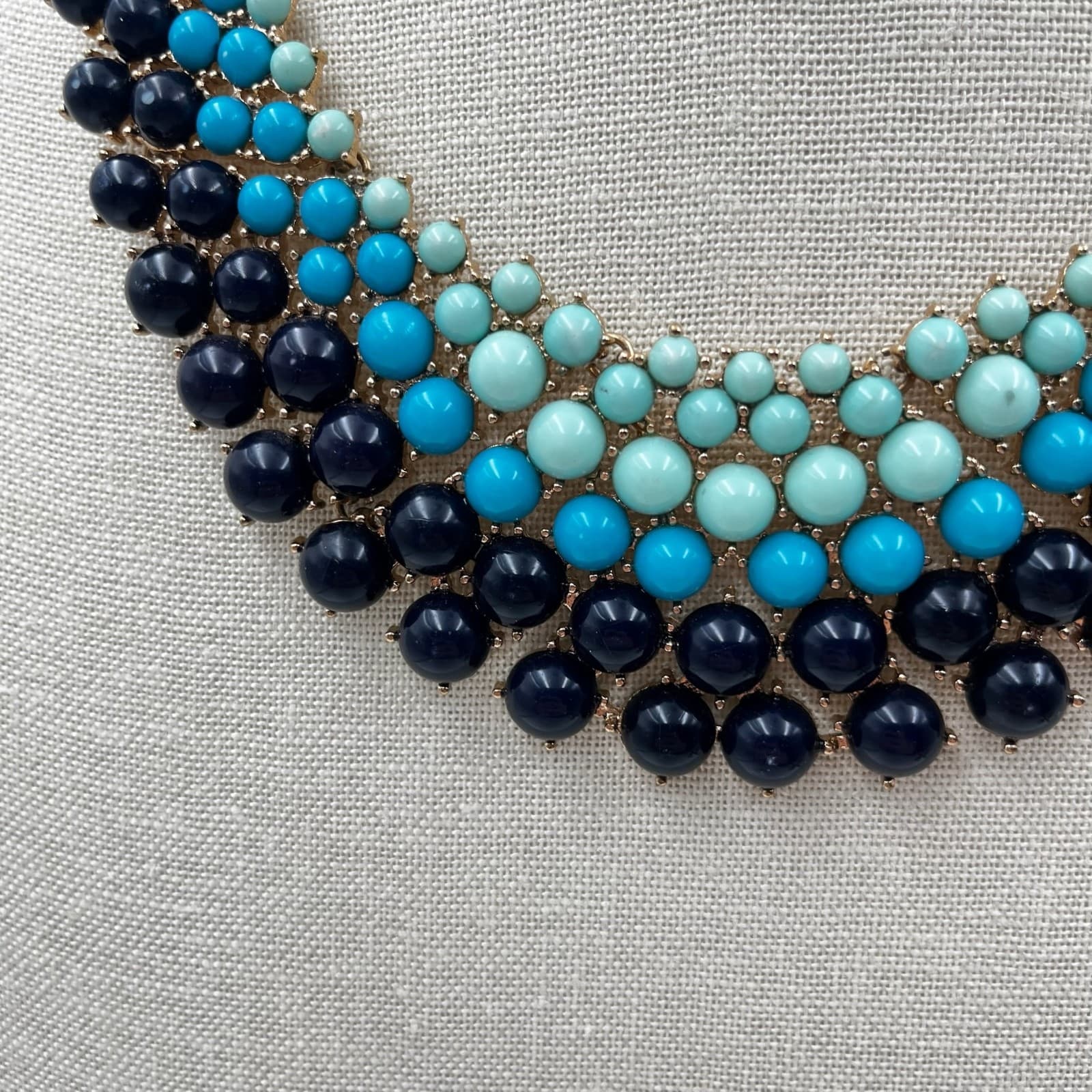 Vintage Turquoise Navy Beaded Bib Statement Necklace Gold Tone Chunky Collar Y2K - Thumbnail 3