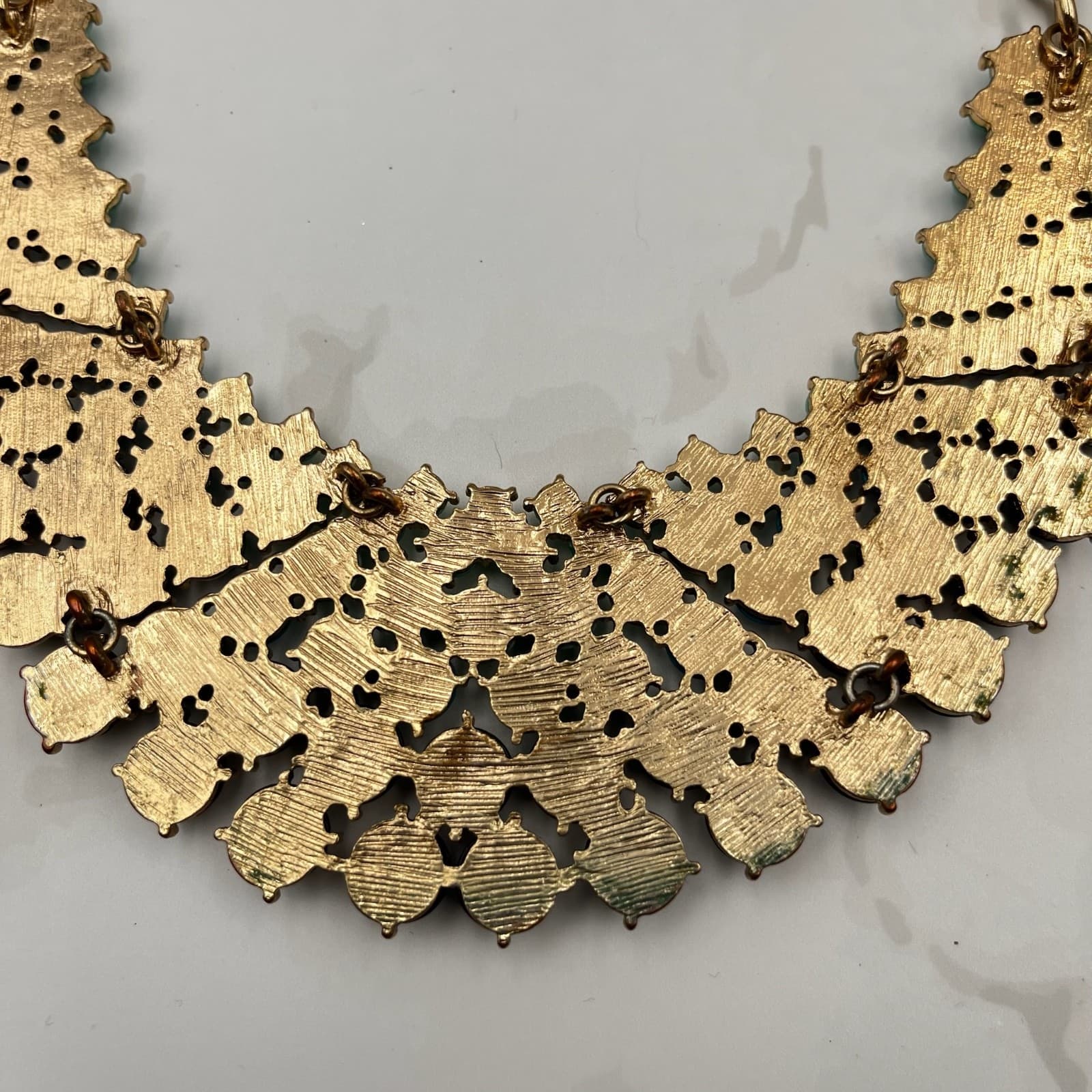 Vintage Turquoise Navy Beaded Bib Statement Necklace Gold Tone Chunky Collar Y2K - Thumbnail 15