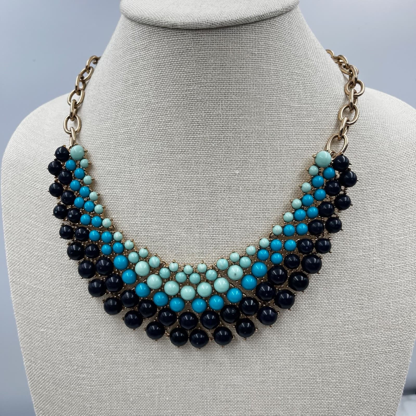 Vintage Turquoise Navy Beaded Bib Statement Necklace Gold Tone Chunky Collar Y2K - Image 1