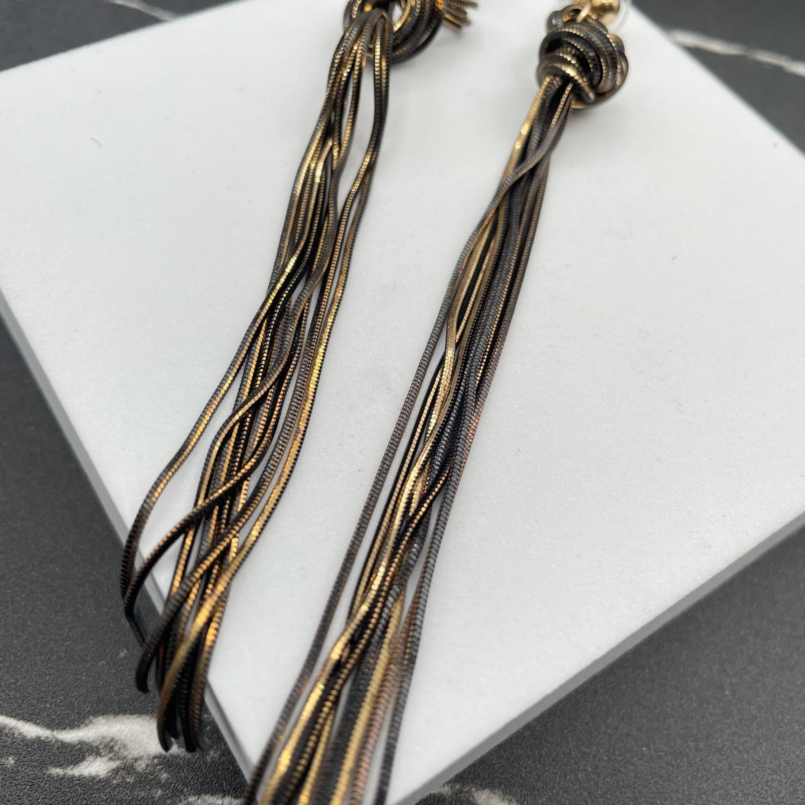 Contemporary Gold-Tone Black Snake Chain Knotted Linear Tassel Drop Earrings - Thumbnail 5