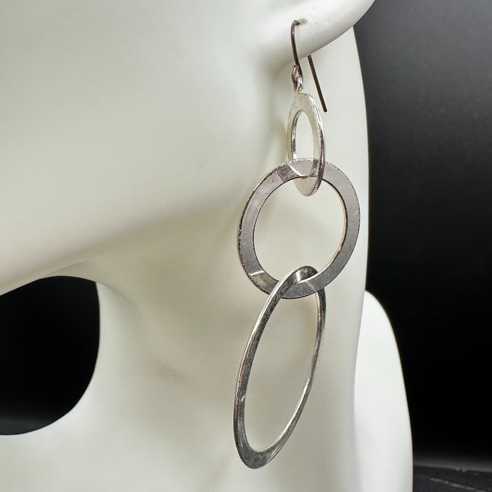 Vintage Silver Tone Interlocking Hoop Earrings Dangle Long Modern Fashion Large - Thumbnail 8