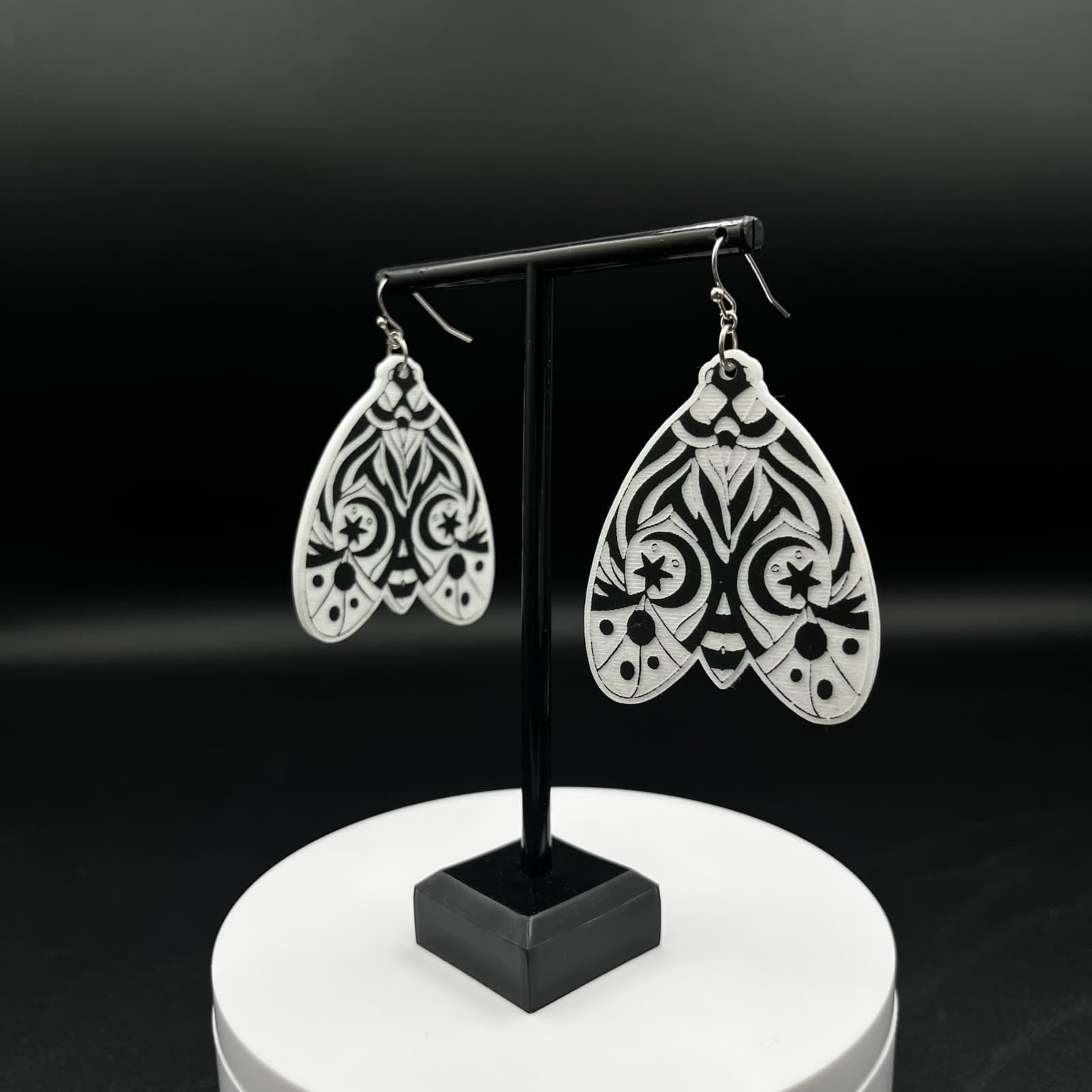 Vintage Moth Dangle Drop Earrings Black & White Mandala Art Moth Insect Jewelry - Image 1