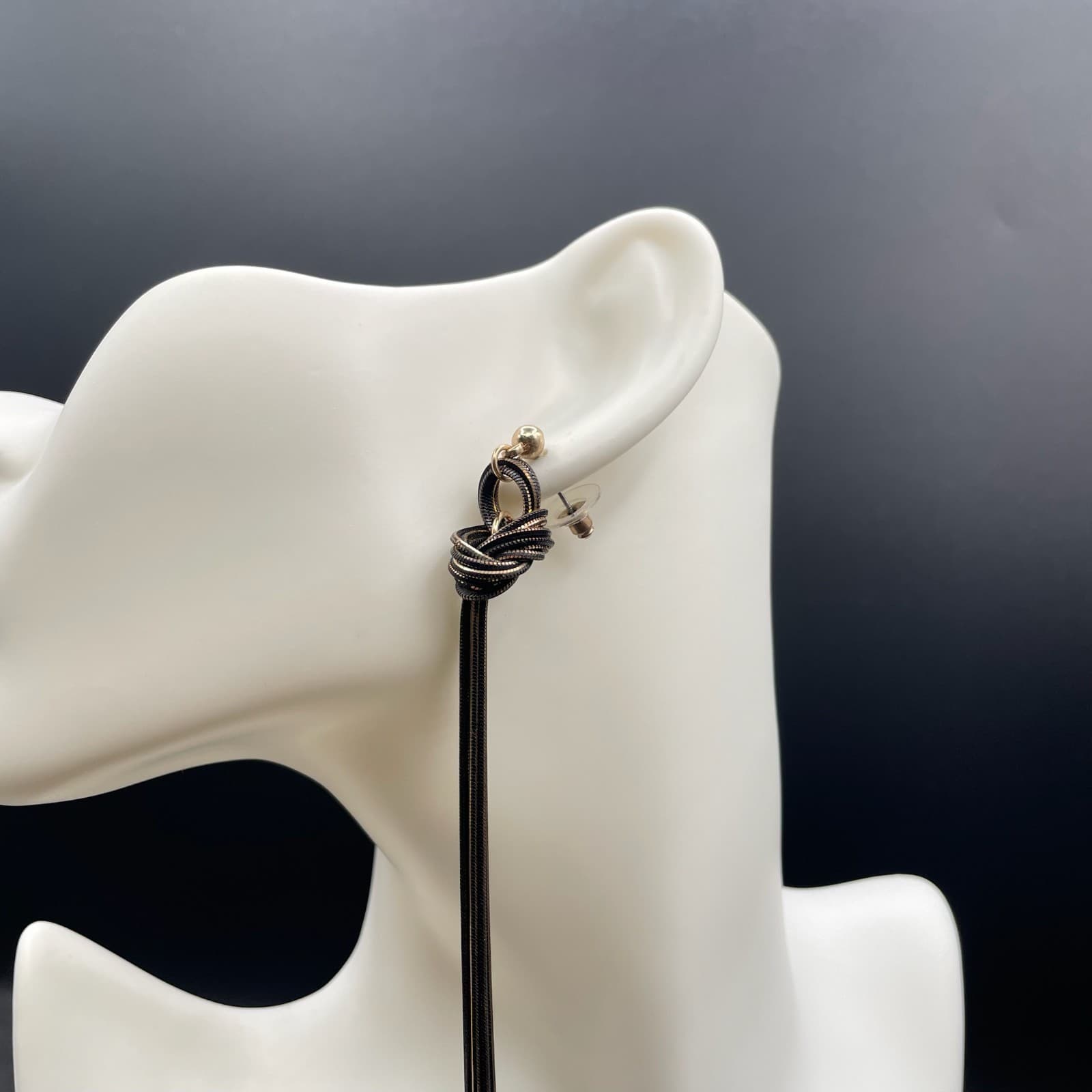 Contemporary Gold-Tone Black Snake Chain Knotted Linear Tassel Drop Earrings - Thumbnail 9