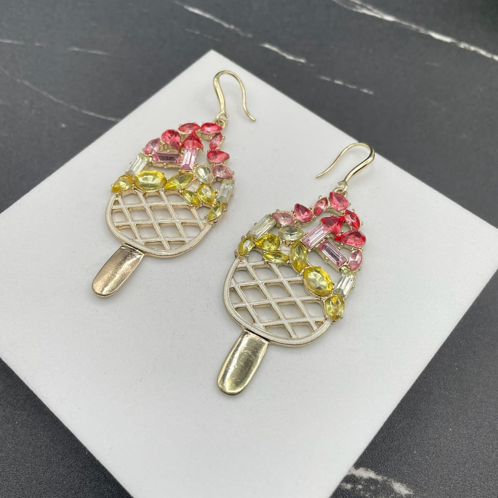 Classic Gold-Tone Faceted Glass Beads Ice Cream Bar Dangle Drop Hook Earrings - Thumbnail 7