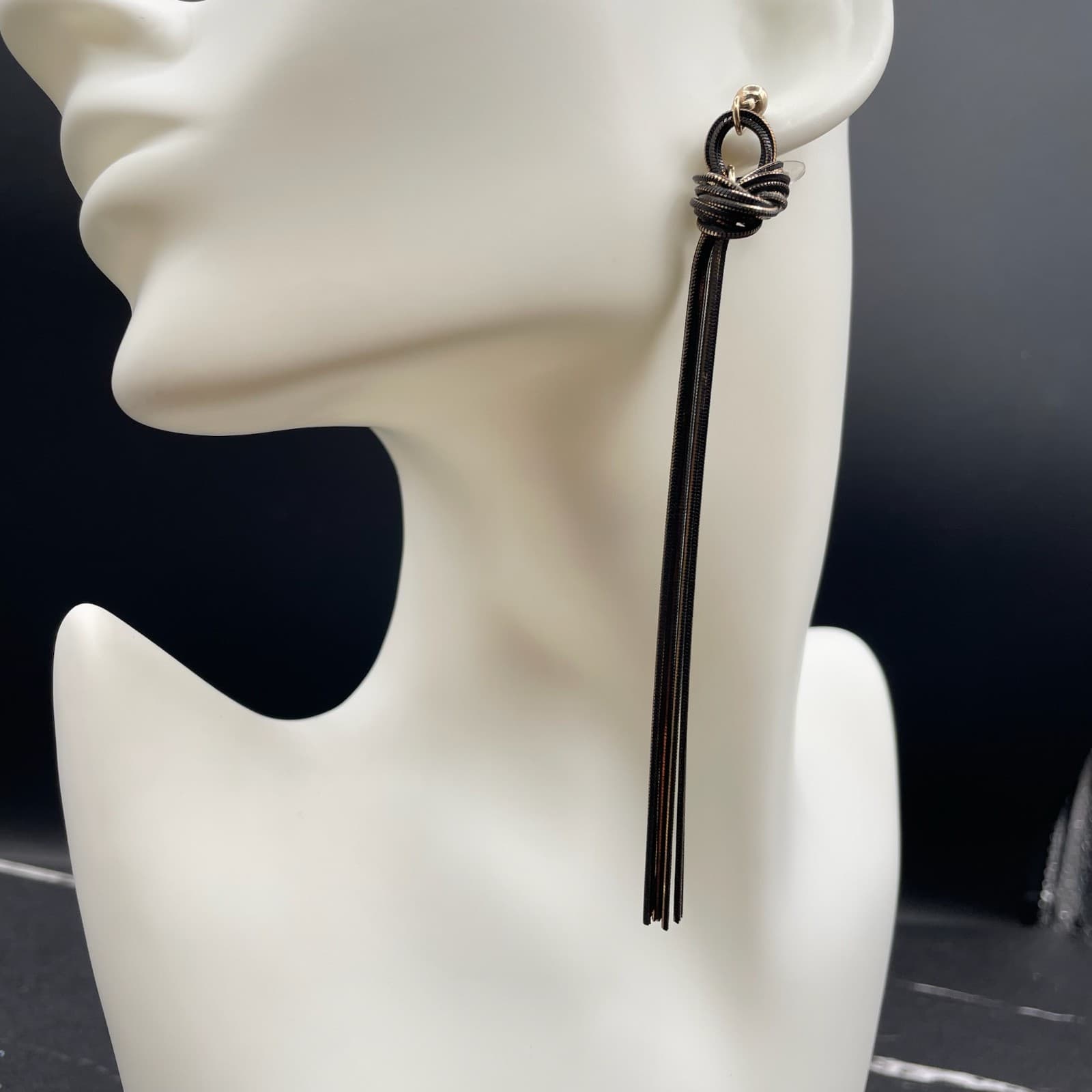 Contemporary Gold-Tone Black Snake Chain Knotted Linear Tassel Drop Earrings - Thumbnail 8