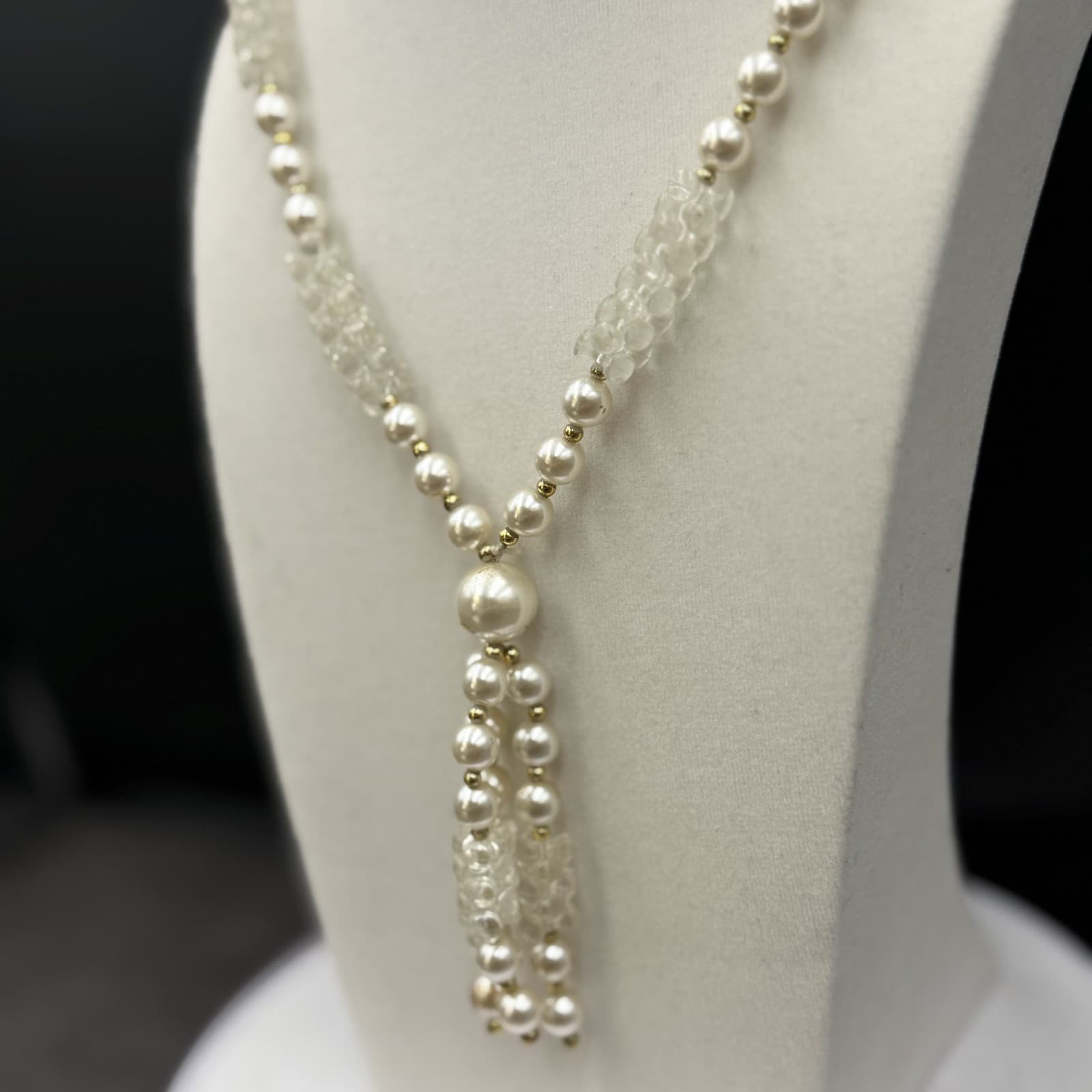 Vintage Cream Faux Pearl Tassel Necklace Textured Bead Statement - Thumbnail 4