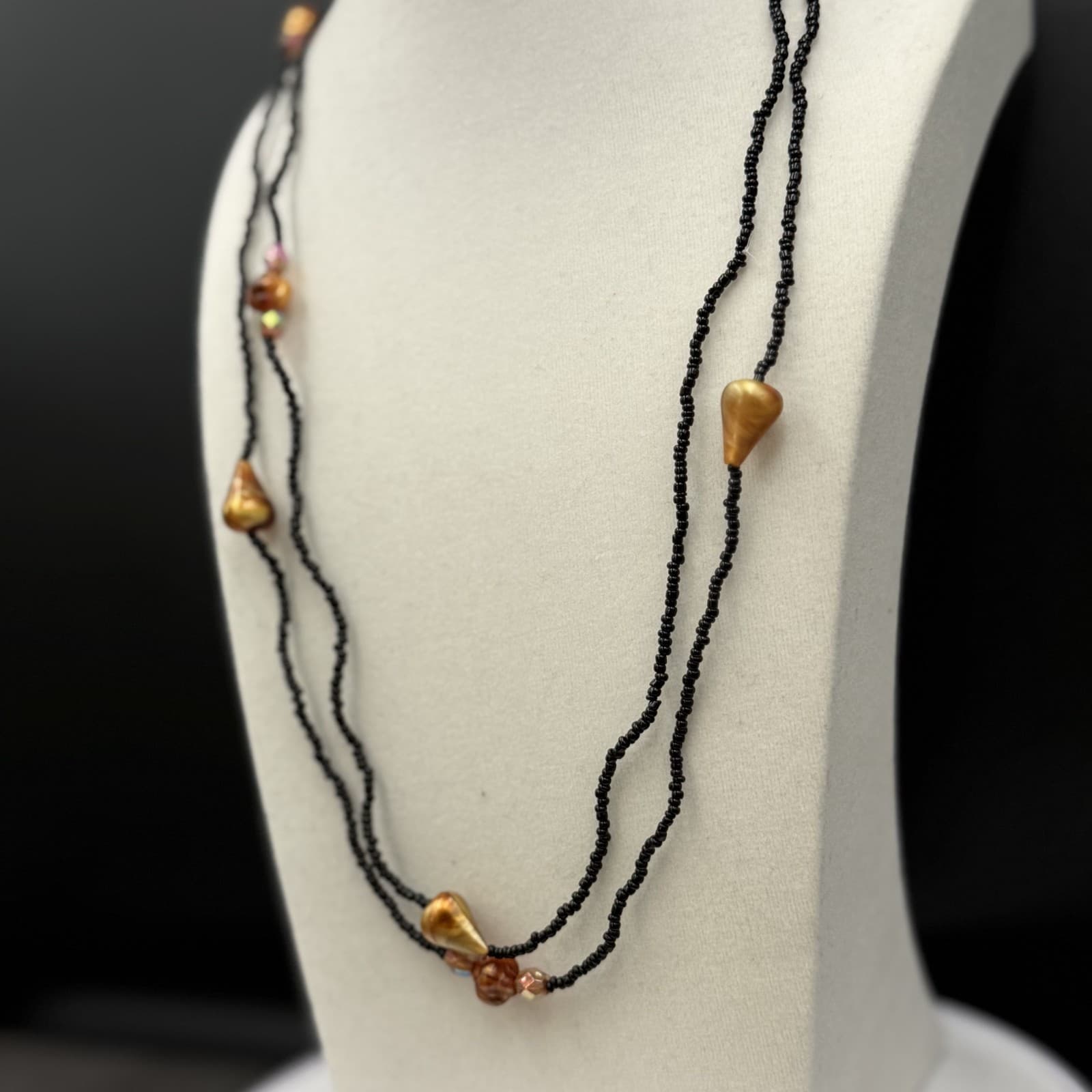 Vintage Black Seed Bead Necklace w/ Copper Shell Nuggets Boho Layered - Thumbnail 2
