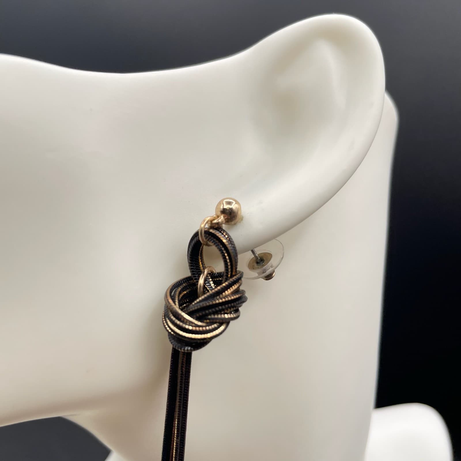 Contemporary Gold-Tone Black Snake Chain Knotted Linear Tassel Drop Earrings - Thumbnail 10