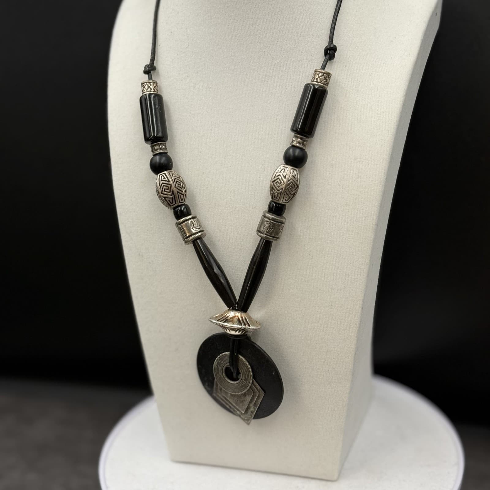 Vintage Black Wood & Silver Tribal Pendant Necklace Bold Boho Statement - Thumbnail 2