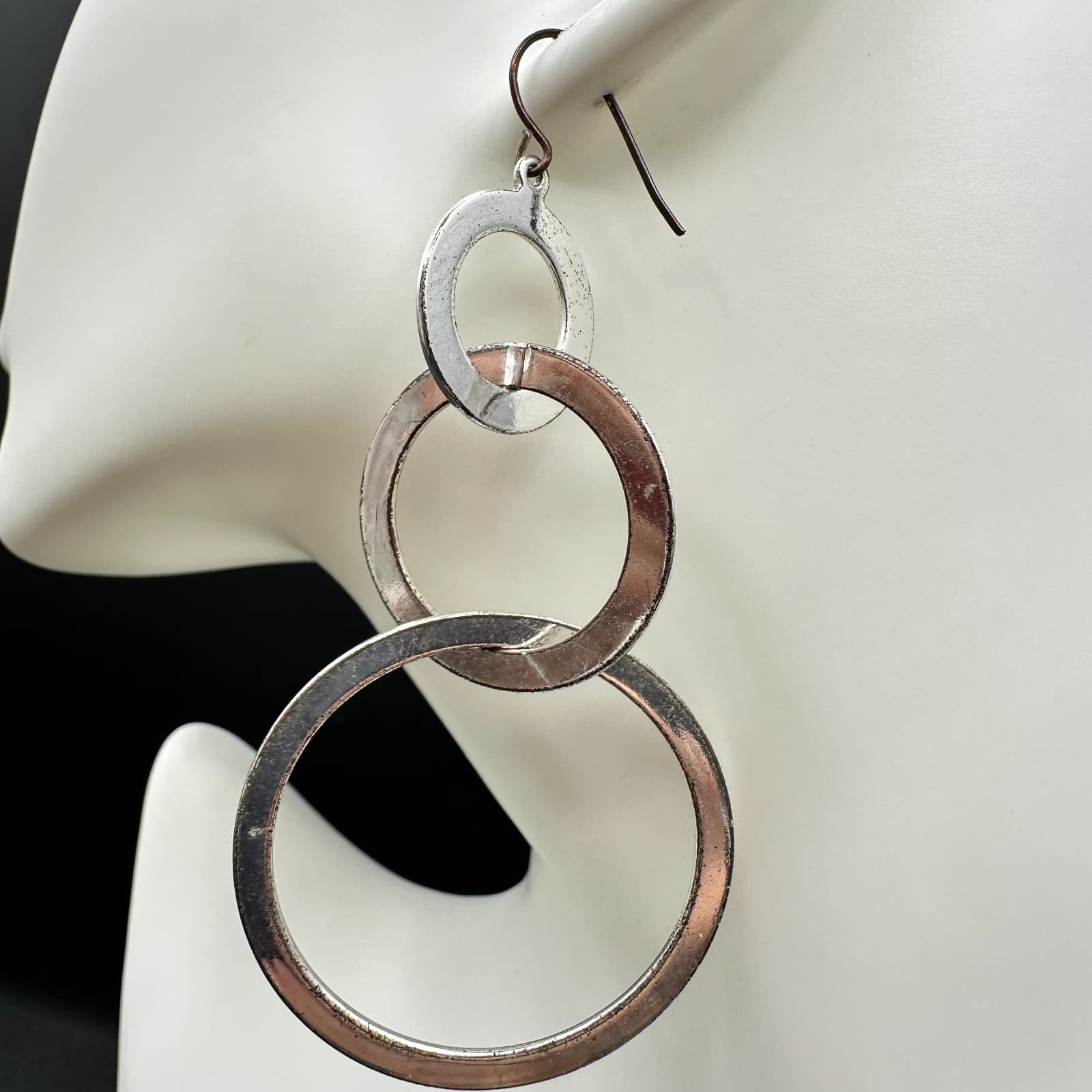 Vintage Silver Tone Interlocking Hoop Earrings Dangle Long Modern Fashion Large - Thumbnail 5