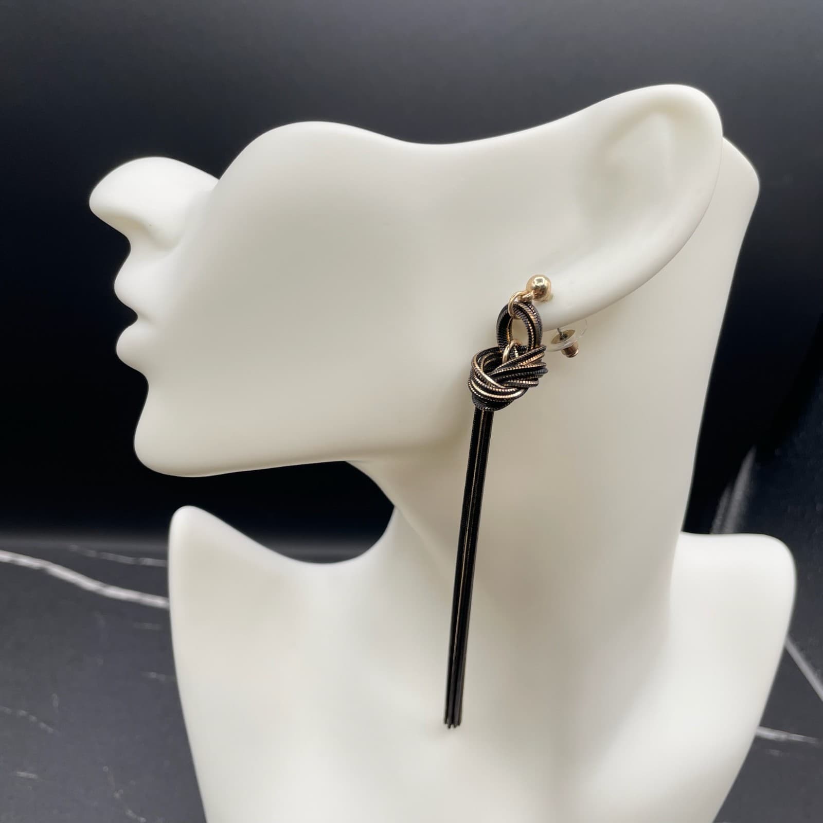 Contemporary Gold-Tone Black Snake Chain Knotted Linear Tassel Drop Earrings - Thumbnail 7