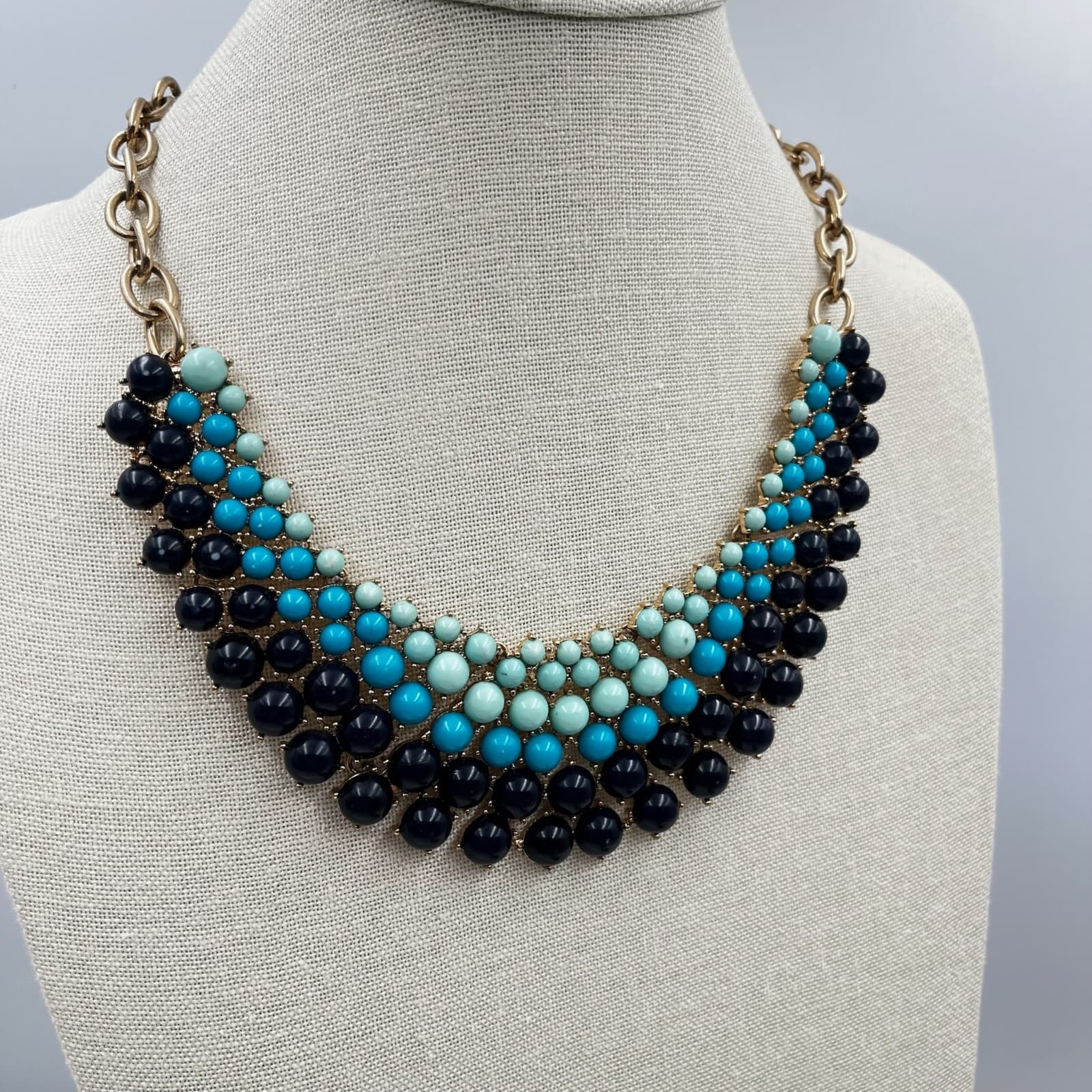 Vintage Turquoise Navy Beaded Bib Statement Necklace Gold Tone Chunky Collar Y2K - Thumbnail 7