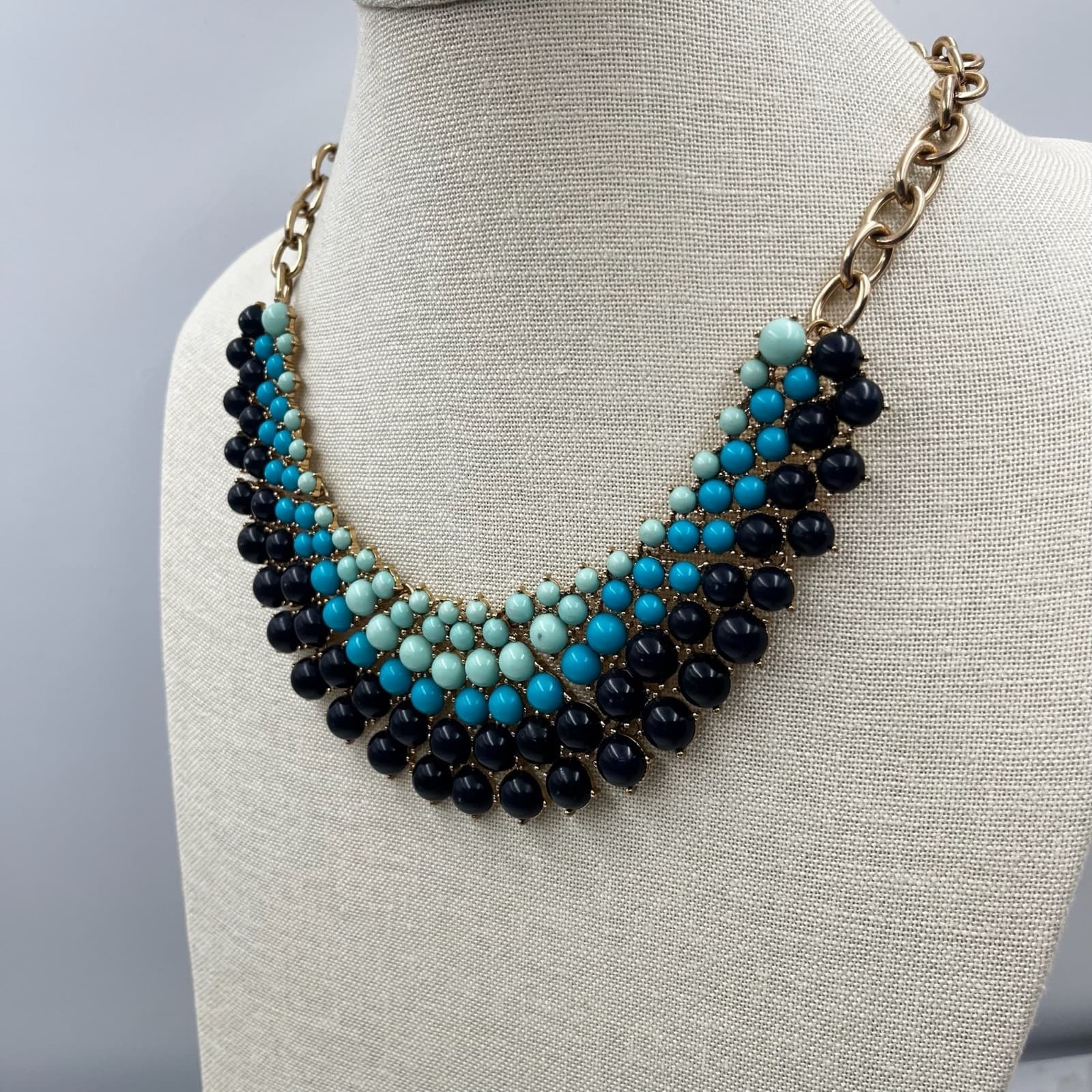 Vintage Turquoise Navy Beaded Bib Statement Necklace Gold Tone Chunky Collar Y2K - Thumbnail 5
