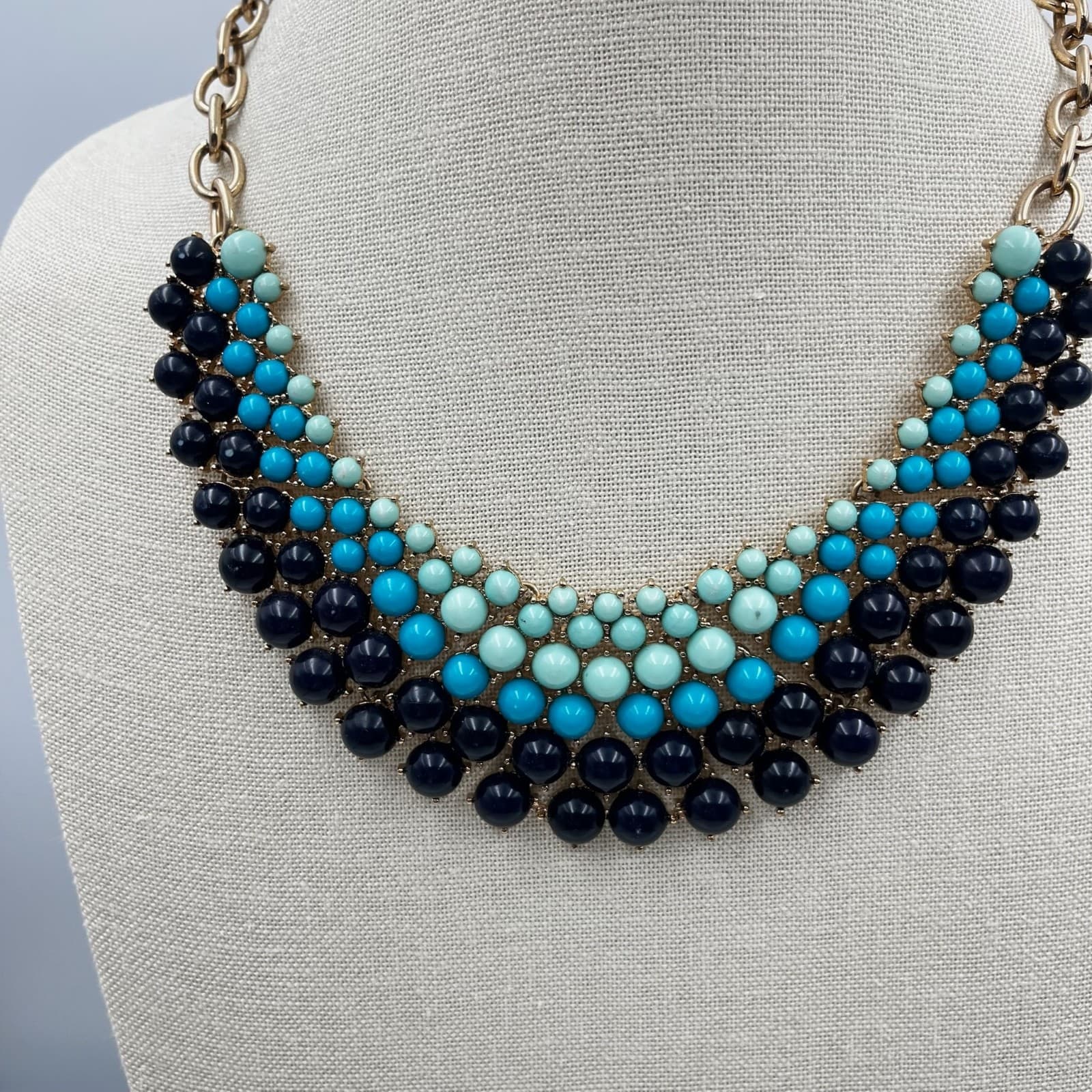 Vintage Turquoise Navy Beaded Bib Statement Necklace Gold Tone Chunky Collar Y2K - Thumbnail 8