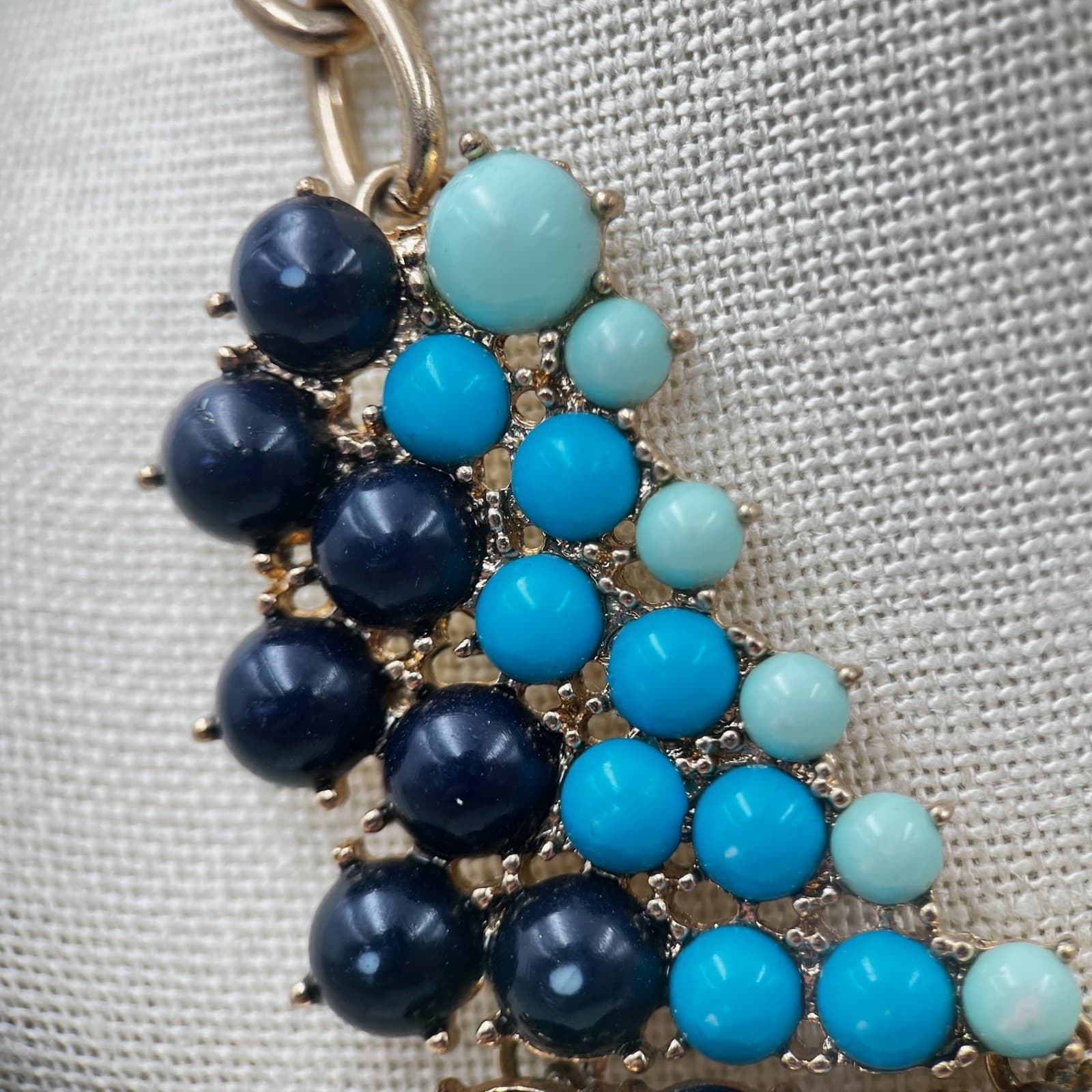 Vintage Turquoise Navy Beaded Bib Statement Necklace Gold Tone Chunky Collar Y2K - Thumbnail 10