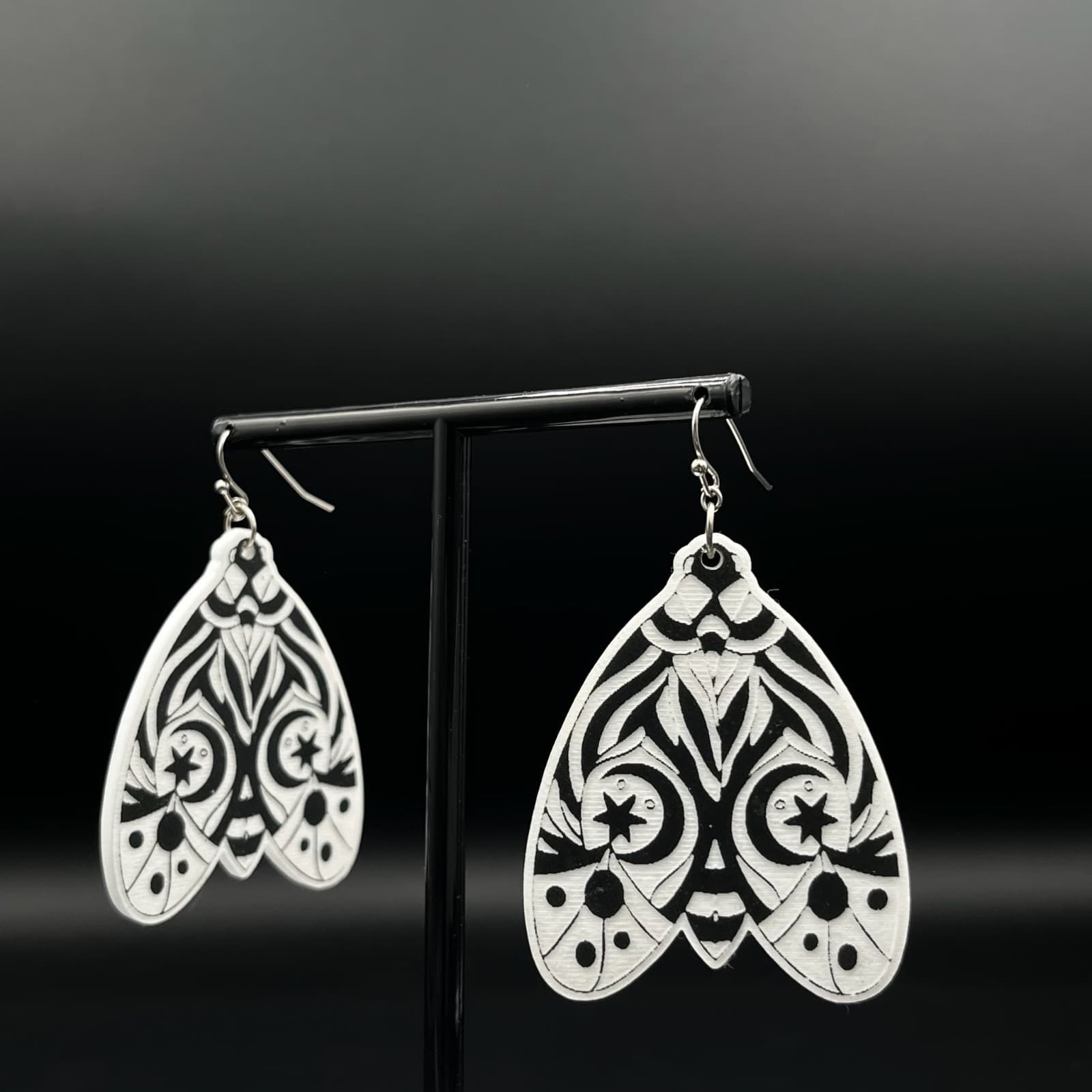 Vintage Moth Dangle Drop Earrings Black & White Mandala Art Moth Insect Jewelry - Thumbnail 6