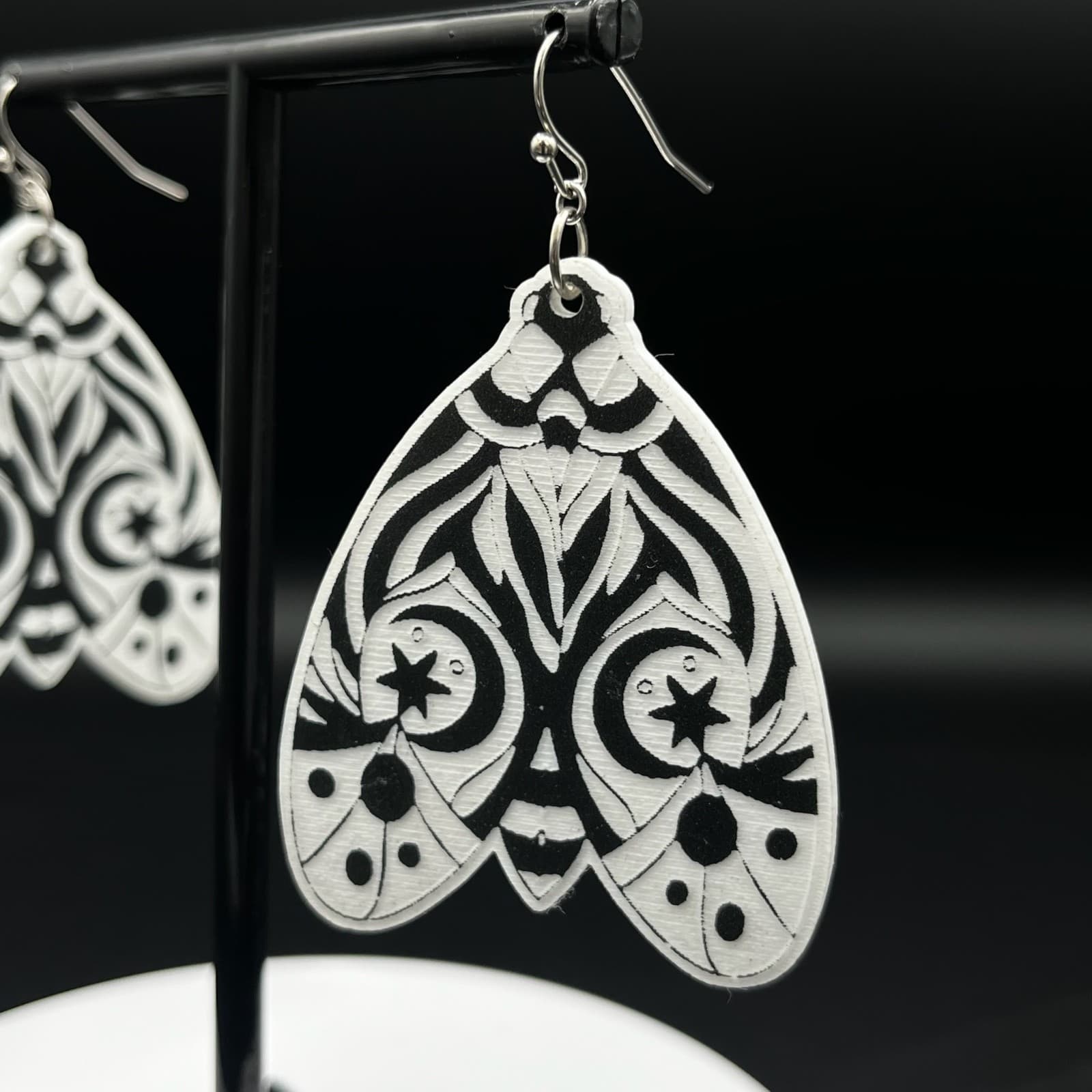 Vintage Moth Dangle Drop Earrings Black & White Mandala Art Moth Insect Jewelry - Thumbnail 3
