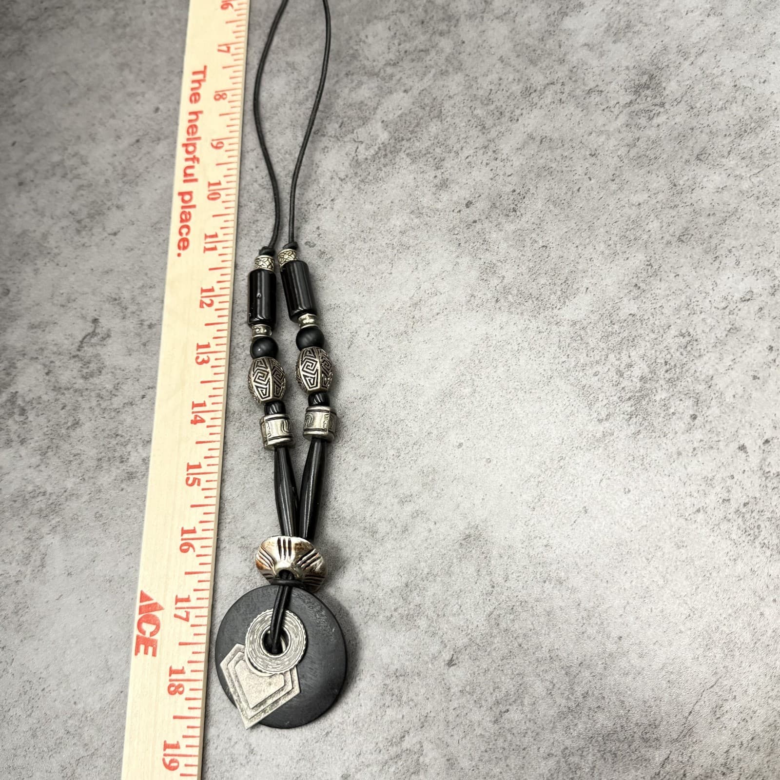 Vintage Black Wood & Silver Tribal Pendant Necklace Bold Boho Statement - Thumbnail 10