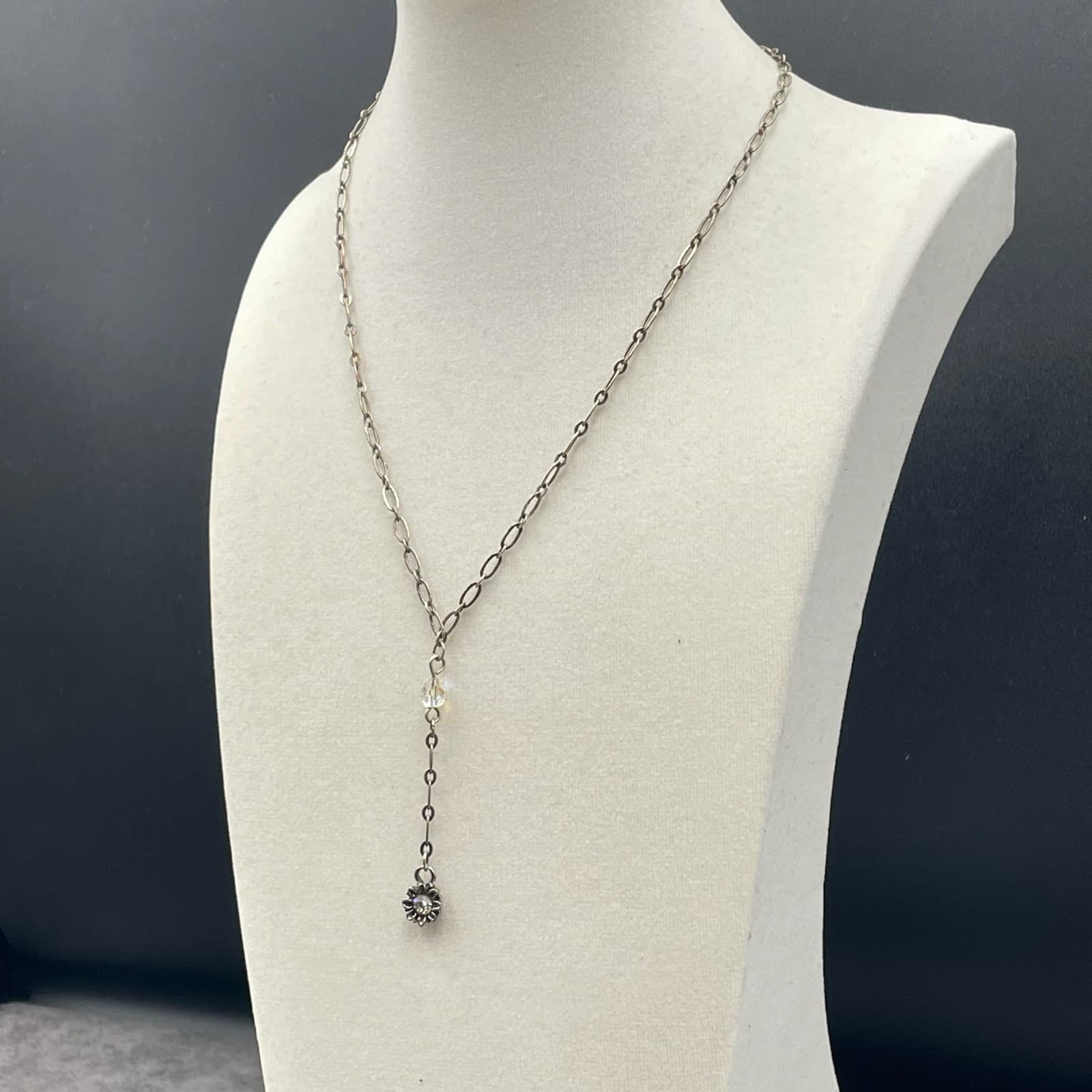 Fashion Silver-Tone Faceted Glass Bead Oval Link Chain Flower Pendant Necklace - Thumbnail 6