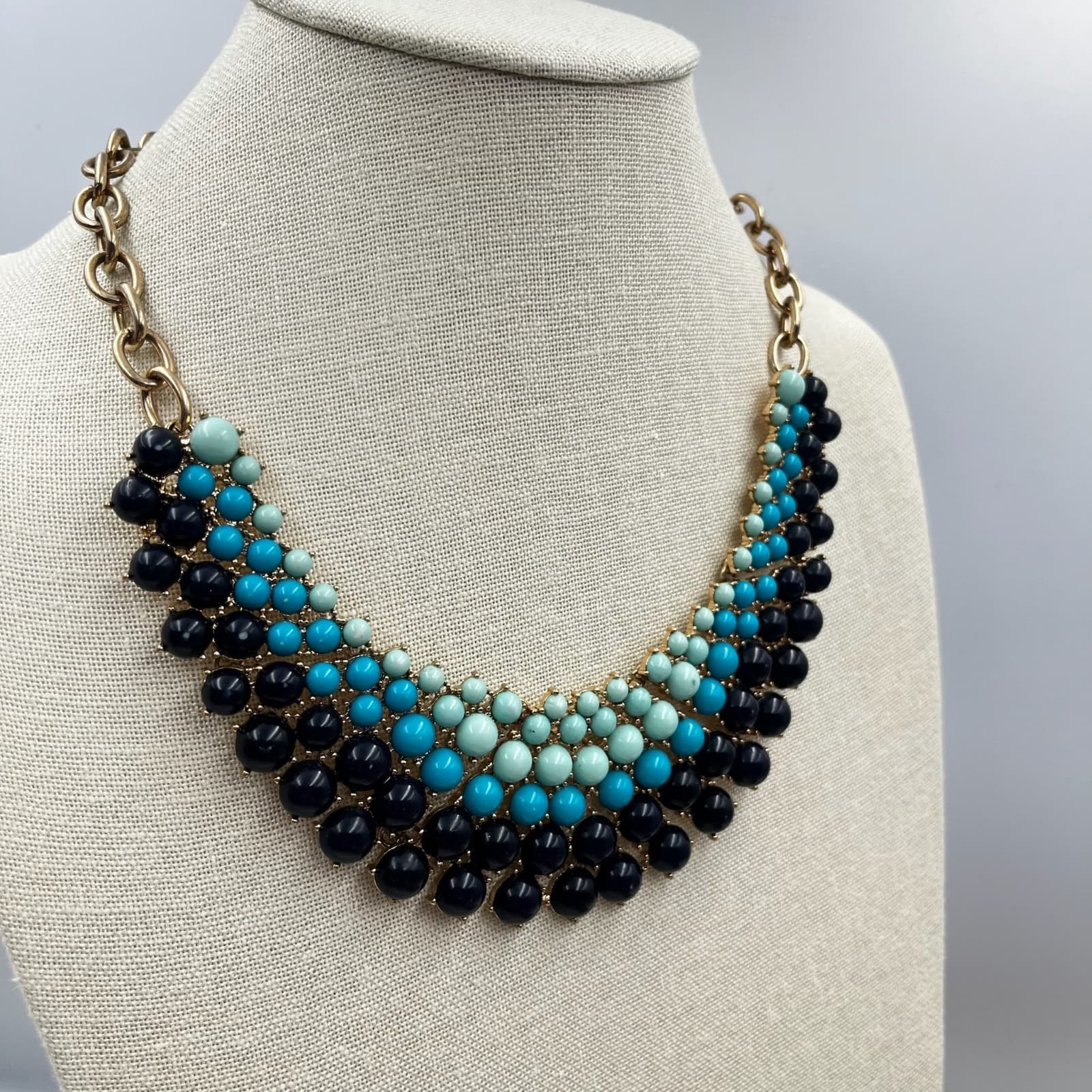 Vintage Turquoise Navy Beaded Bib Statement Necklace Gold Tone Chunky Collar Y2K - Thumbnail 6