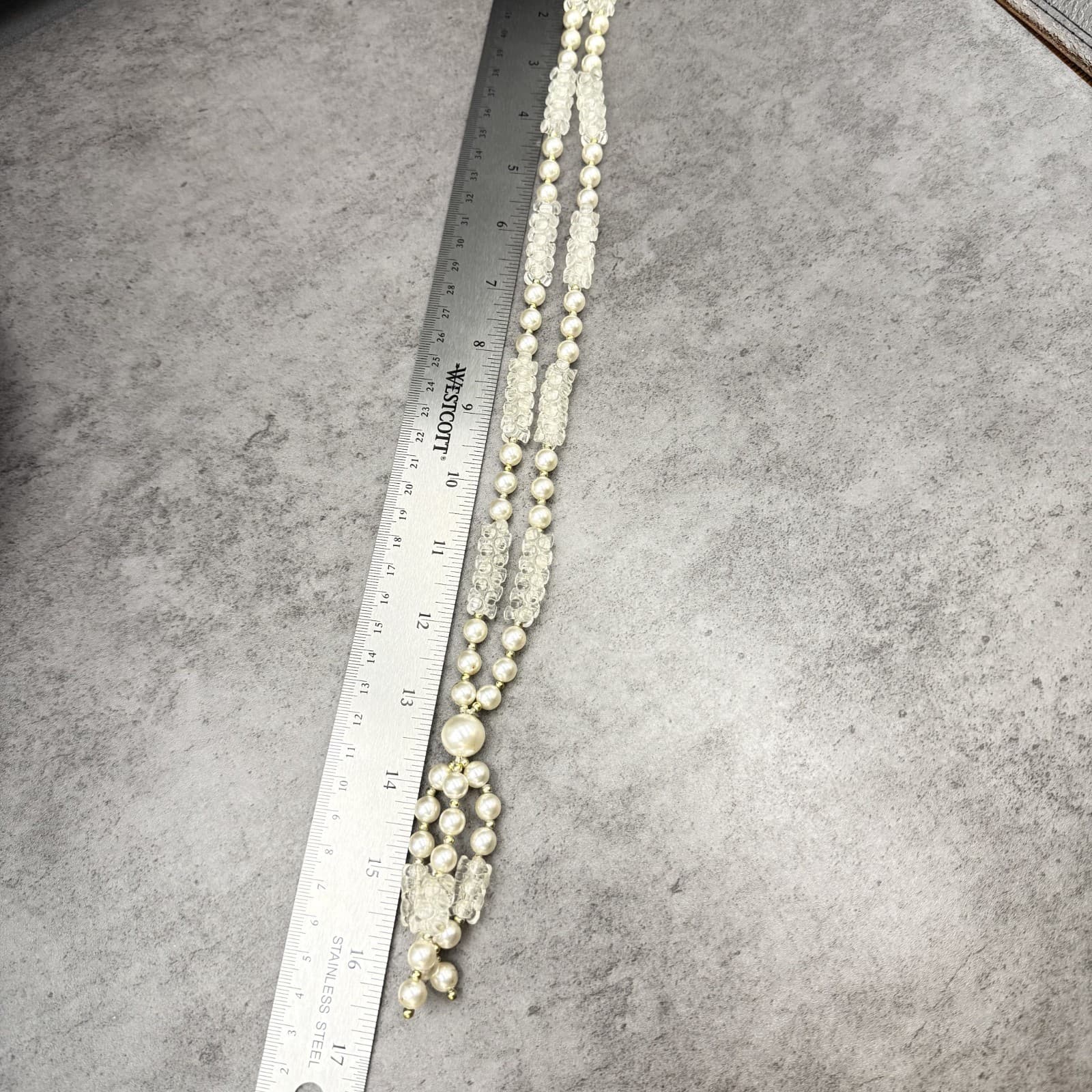 Vintage Cream Faux Pearl Tassel Necklace Textured Bead Statement - Thumbnail 11