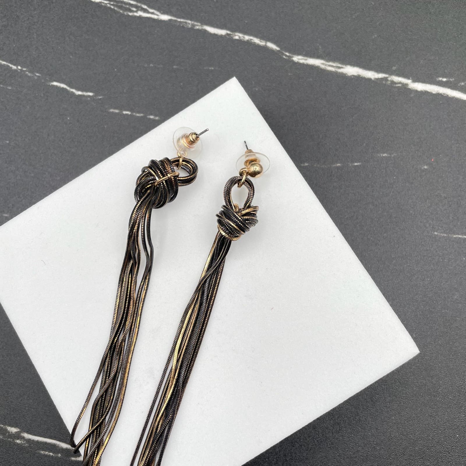 Contemporary Gold-Tone Black Snake Chain Knotted Linear Tassel Drop Earrings - Thumbnail 2