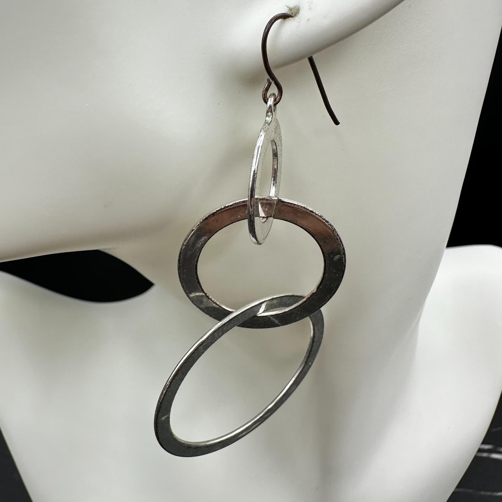 Vintage Silver Tone Interlocking Hoop Earrings Dangle Long Modern Fashion Large - Thumbnail 7