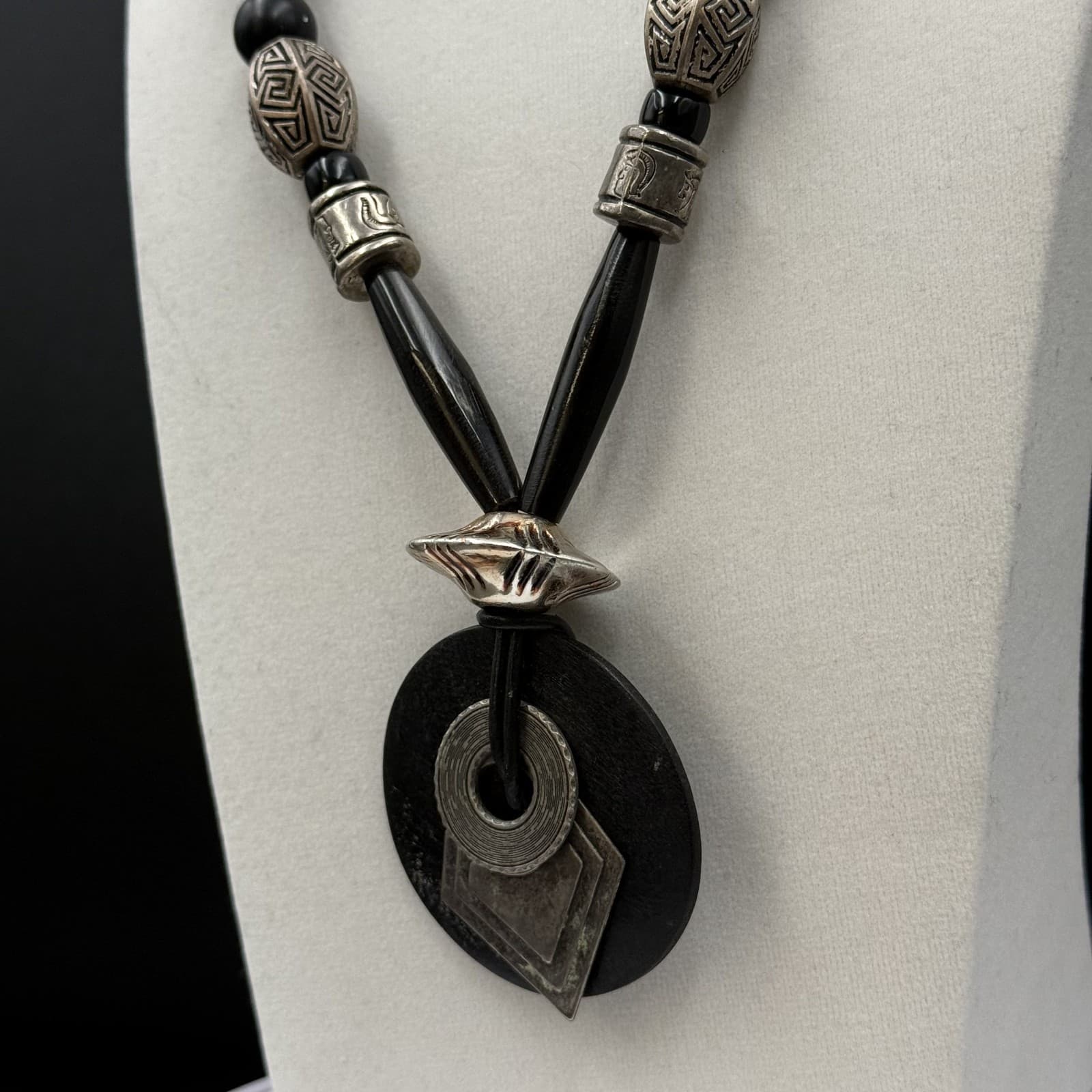 Vintage Black Wood & Silver Tribal Pendant Necklace Bold Boho Statement - Thumbnail 6