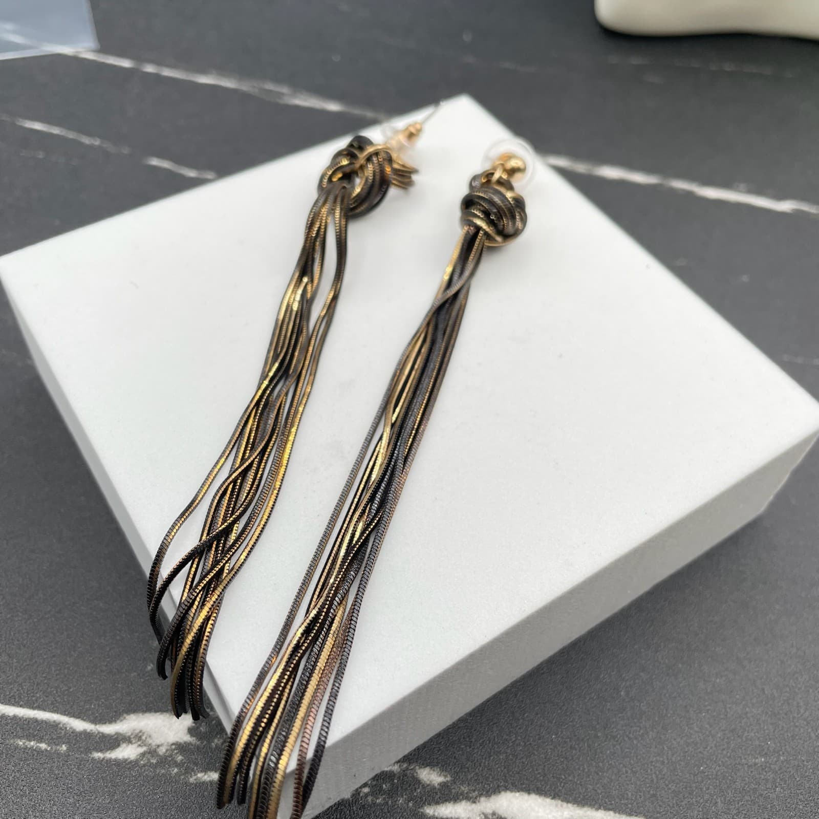 Contemporary Gold-Tone Black Snake Chain Knotted Linear Tassel Drop Earrings - Thumbnail 4