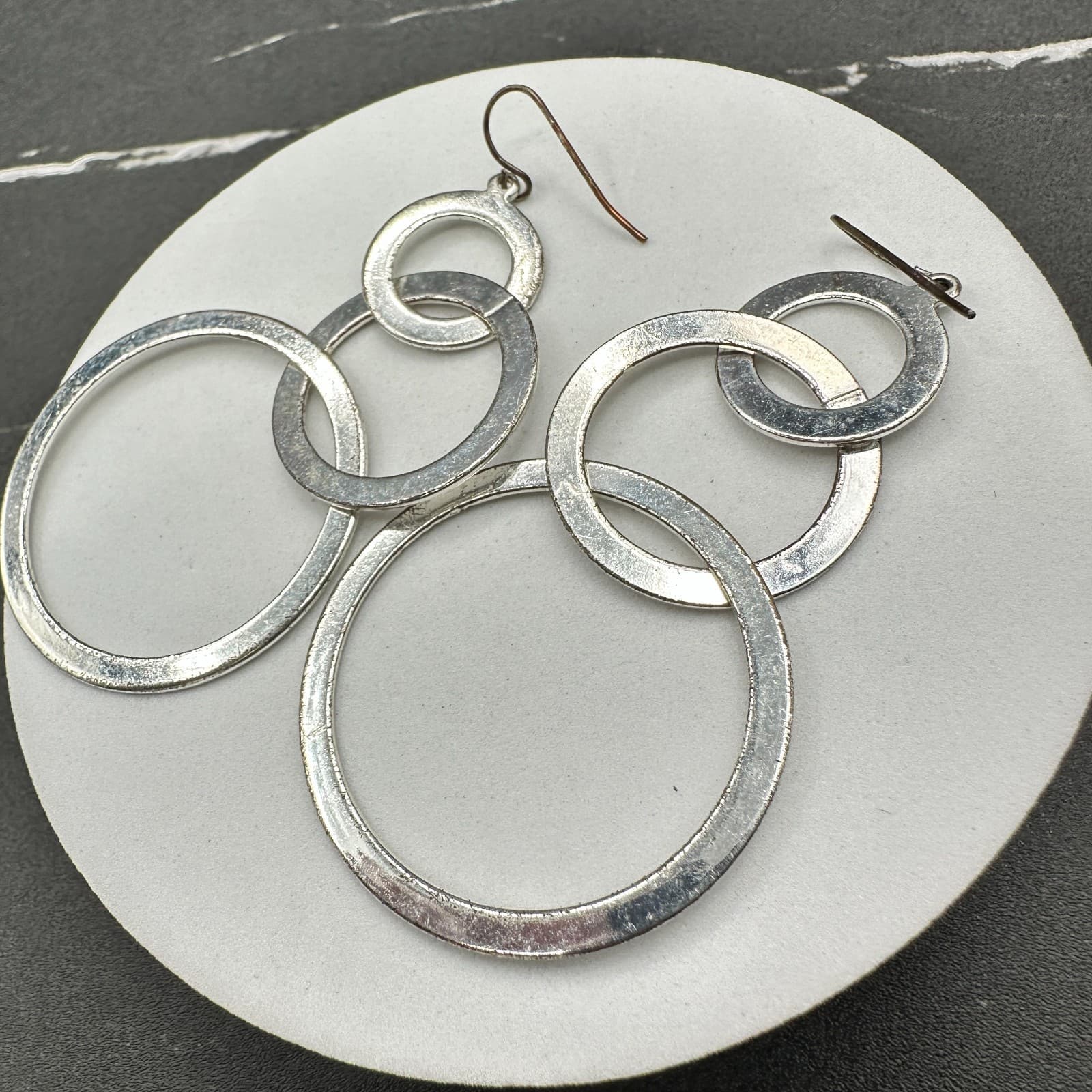 Vintage Silver Tone Interlocking Hoop Earrings Dangle Long Modern Fashion Large - Thumbnail 11