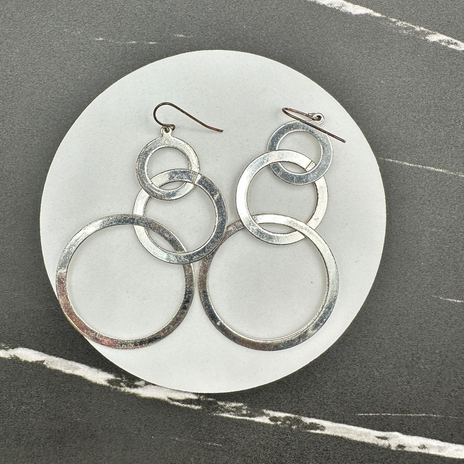 Vintage Silver Tone Interlocking Hoop Earrings Dangle Long Modern Fashion Large - Image 1