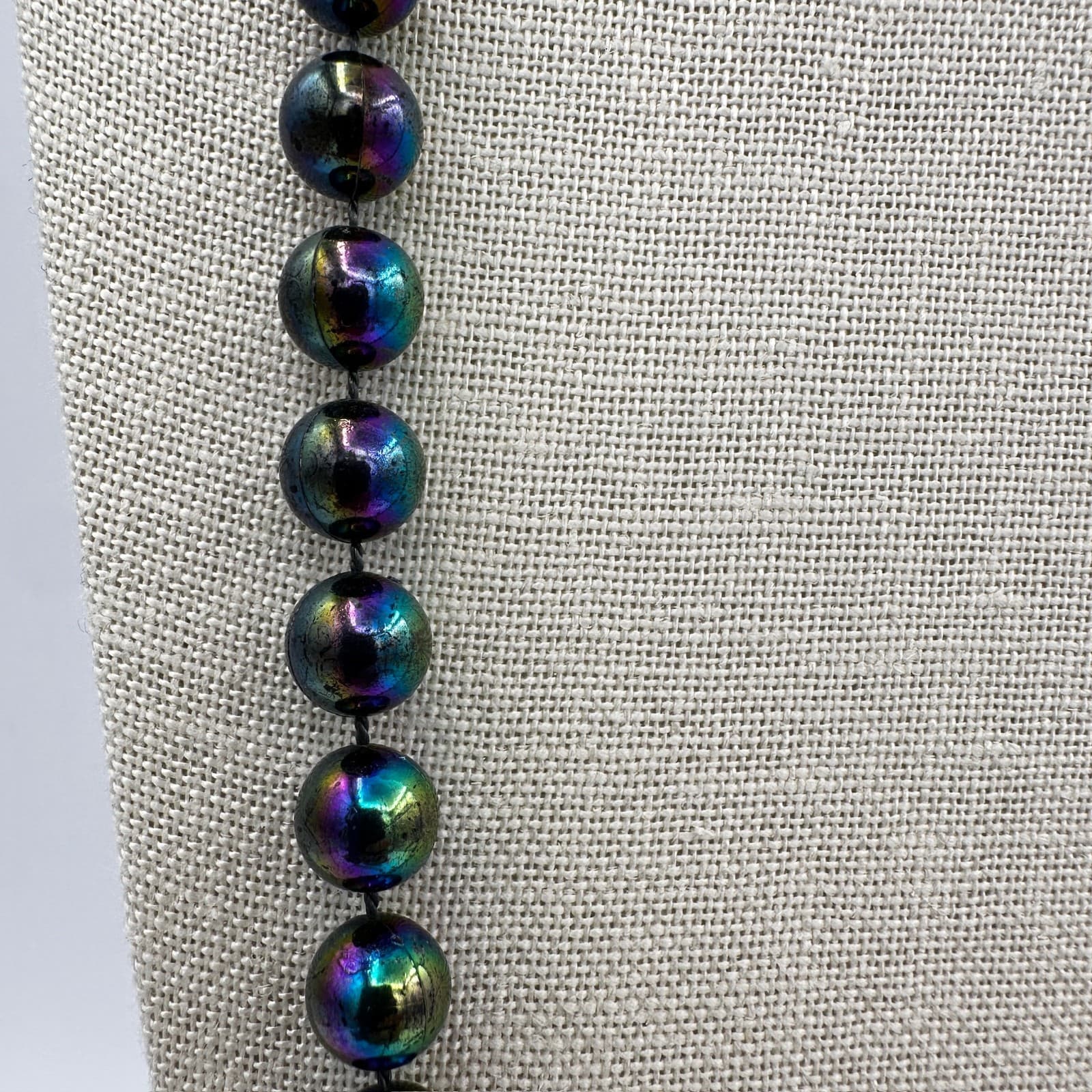 Vintage Iridescent Dark Glass Bead Necklace Long Boho Gothic Glow - Thumbnail 4
